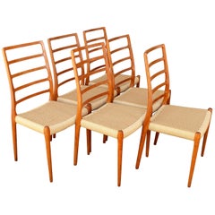 Vintage Set of Six Teak Ladder Back NO Moller Dining Chairs Model 82, Newly Woven Serats