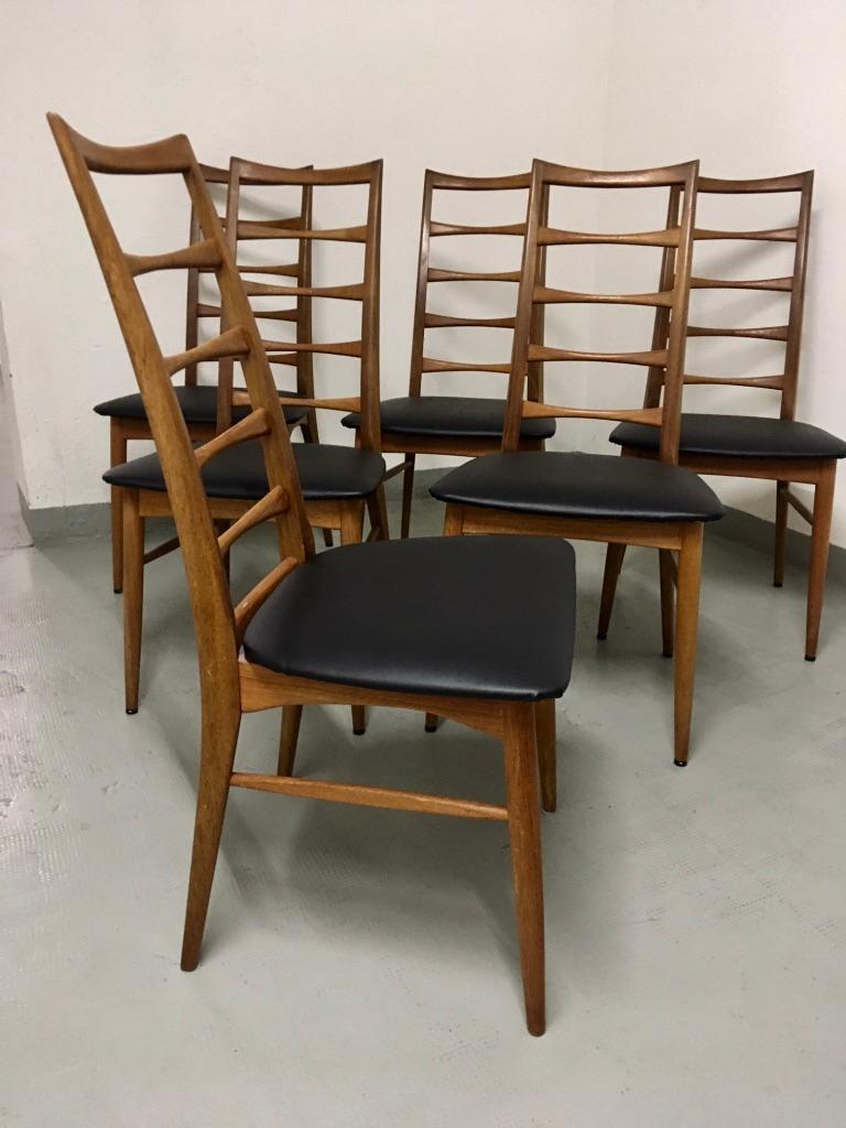 Faux Leather Set of Six Teak Ladder Dining Chair by Niels Koefoed, Denmark, circa 1960 For Sale