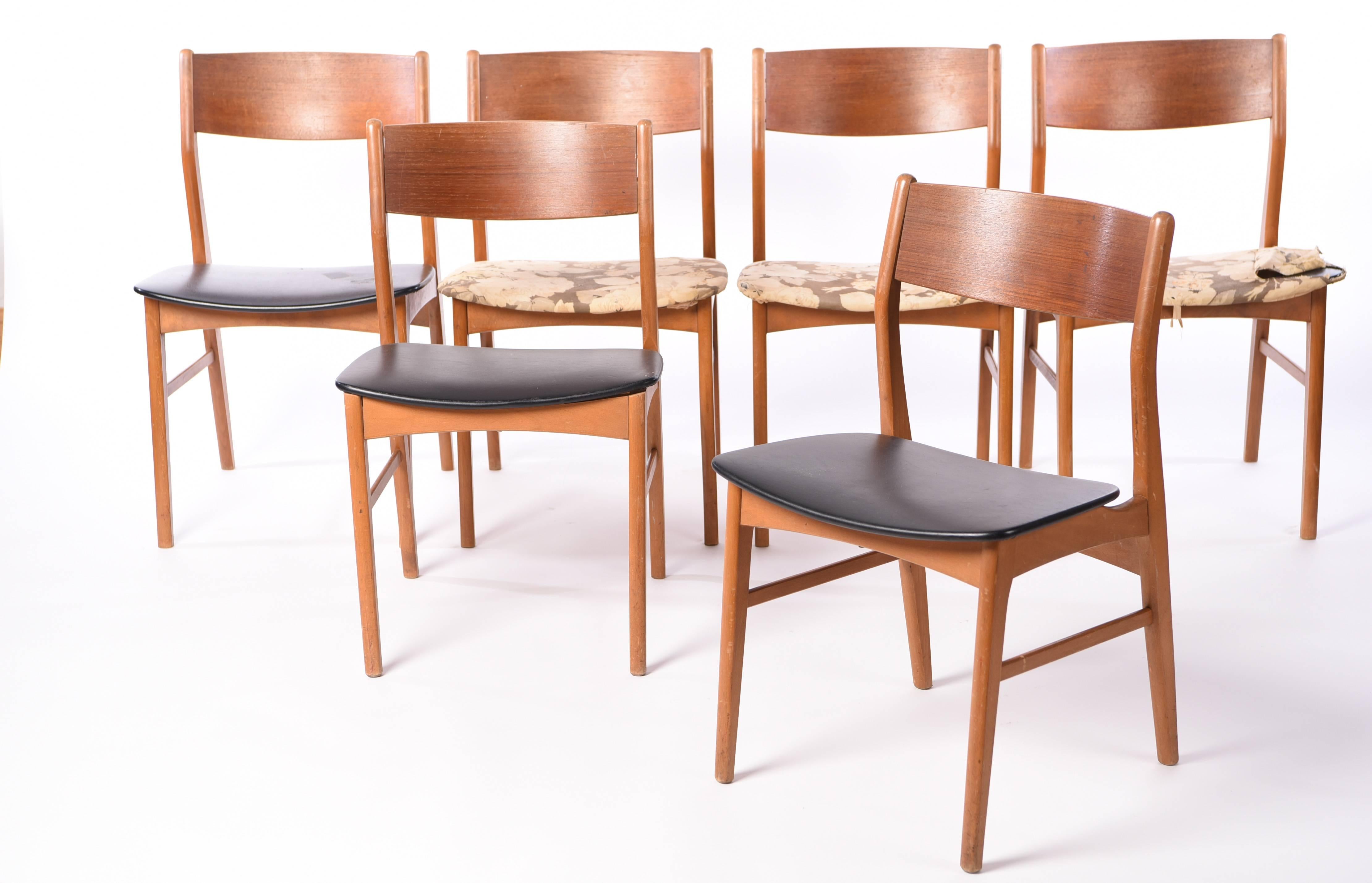 This set of six chairs were manufactured by Danish maker Soro Stolefabrik. They feature teak frames. The upholstery is in as-is condition, which makes this set a great opportunity to customize with new upholstery.