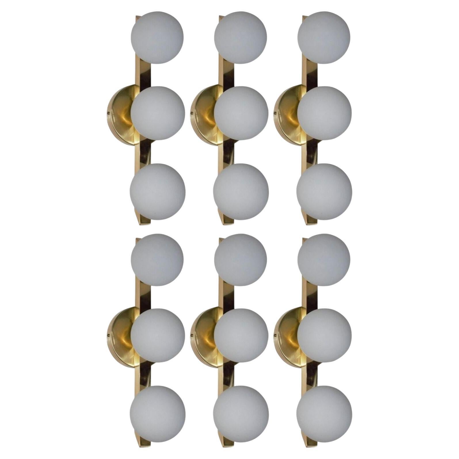 Set of Six Terzetto Sconces with Frosted White Murano Glass. Italy, 1970's.