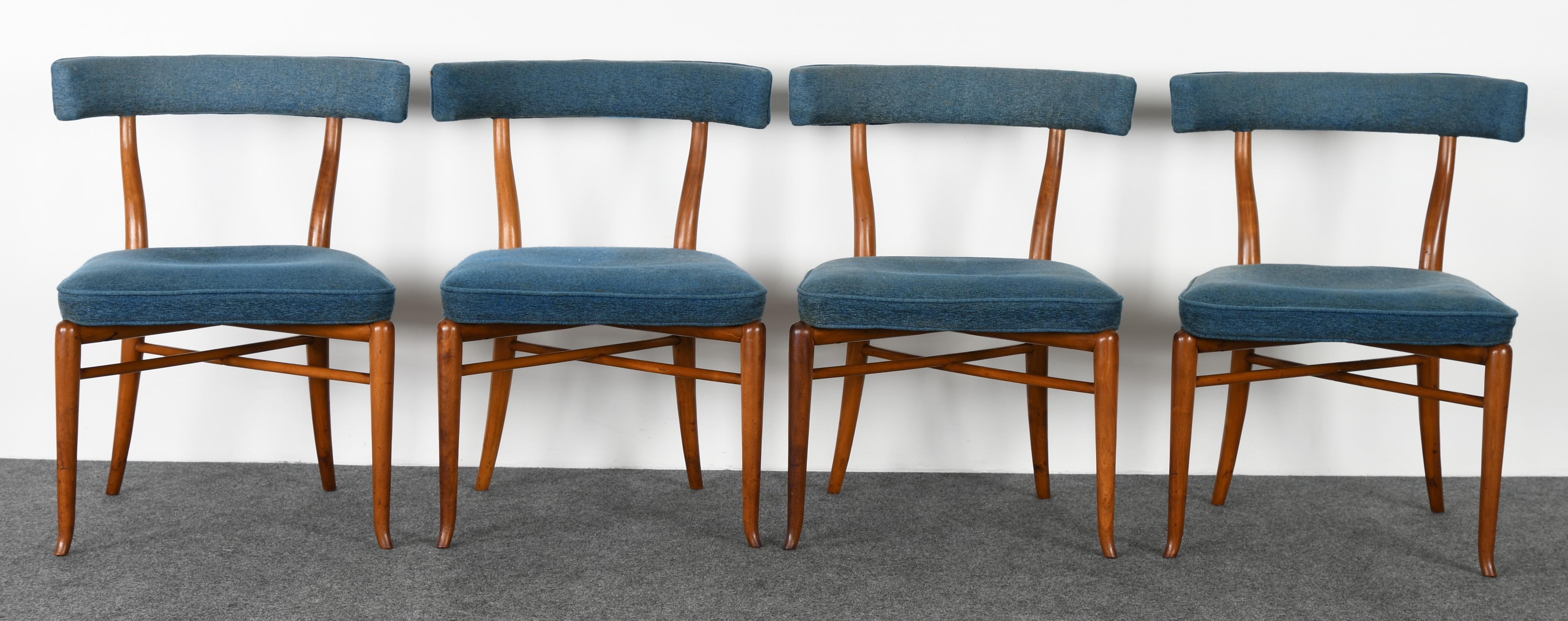 A rare set of six elegant T.H. Robsjohn-Gibbings Klismos dining chairs. New upholstery and refinishing recommended. 

Armchairs dimensions: 31.75