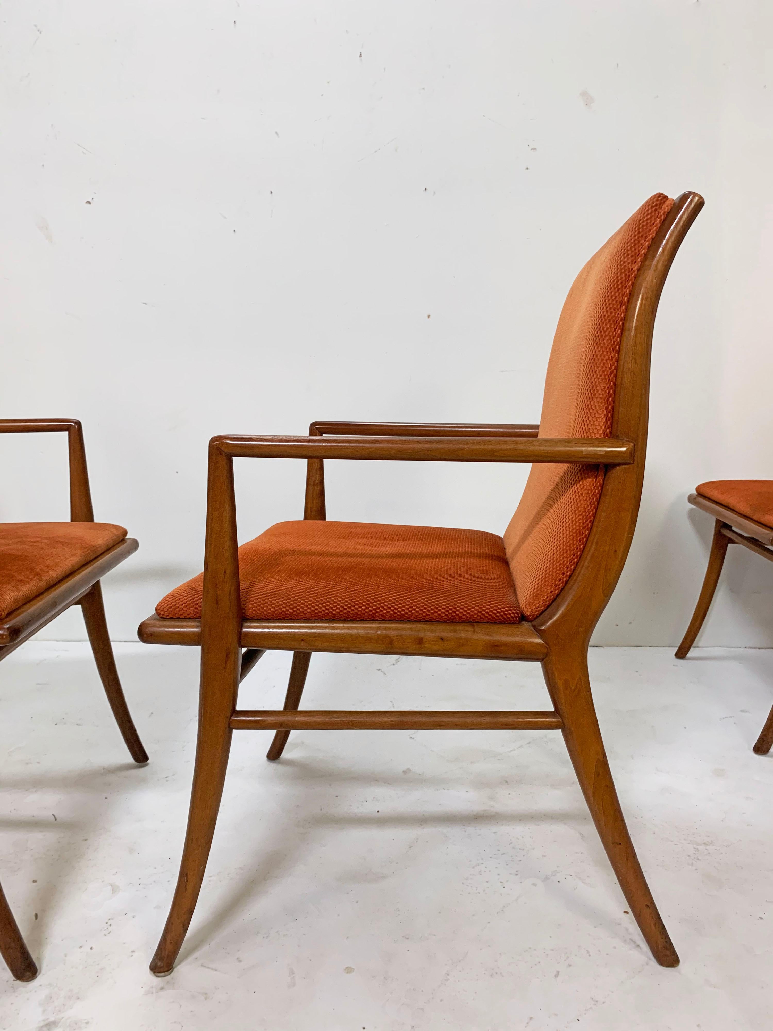 Mid-Century Modern Set of Six T.H. Robsjohn-Gibbings Saber Leg Dining Chairs, circa 1940s