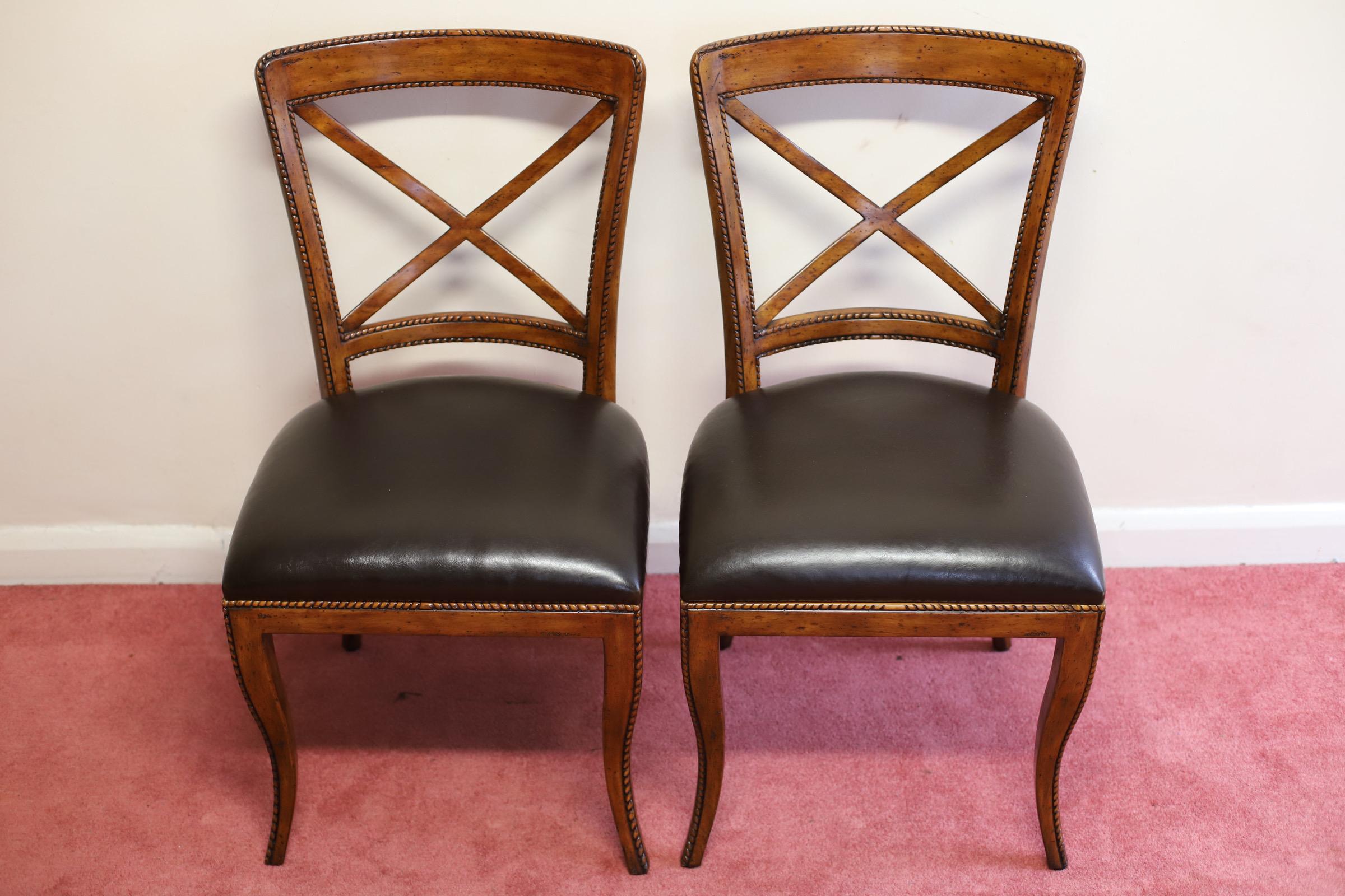 Hand-Crafted Set Of Six “Theodore Alexander” Leather Dining Chairs For Sale