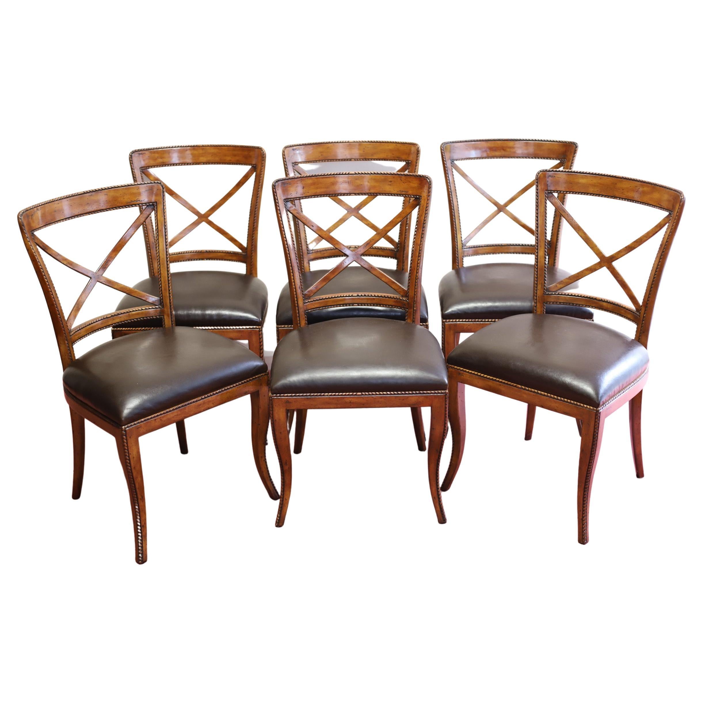 Set Of Six “Theodore Alexander” Leather Dining Chairs For Sale
