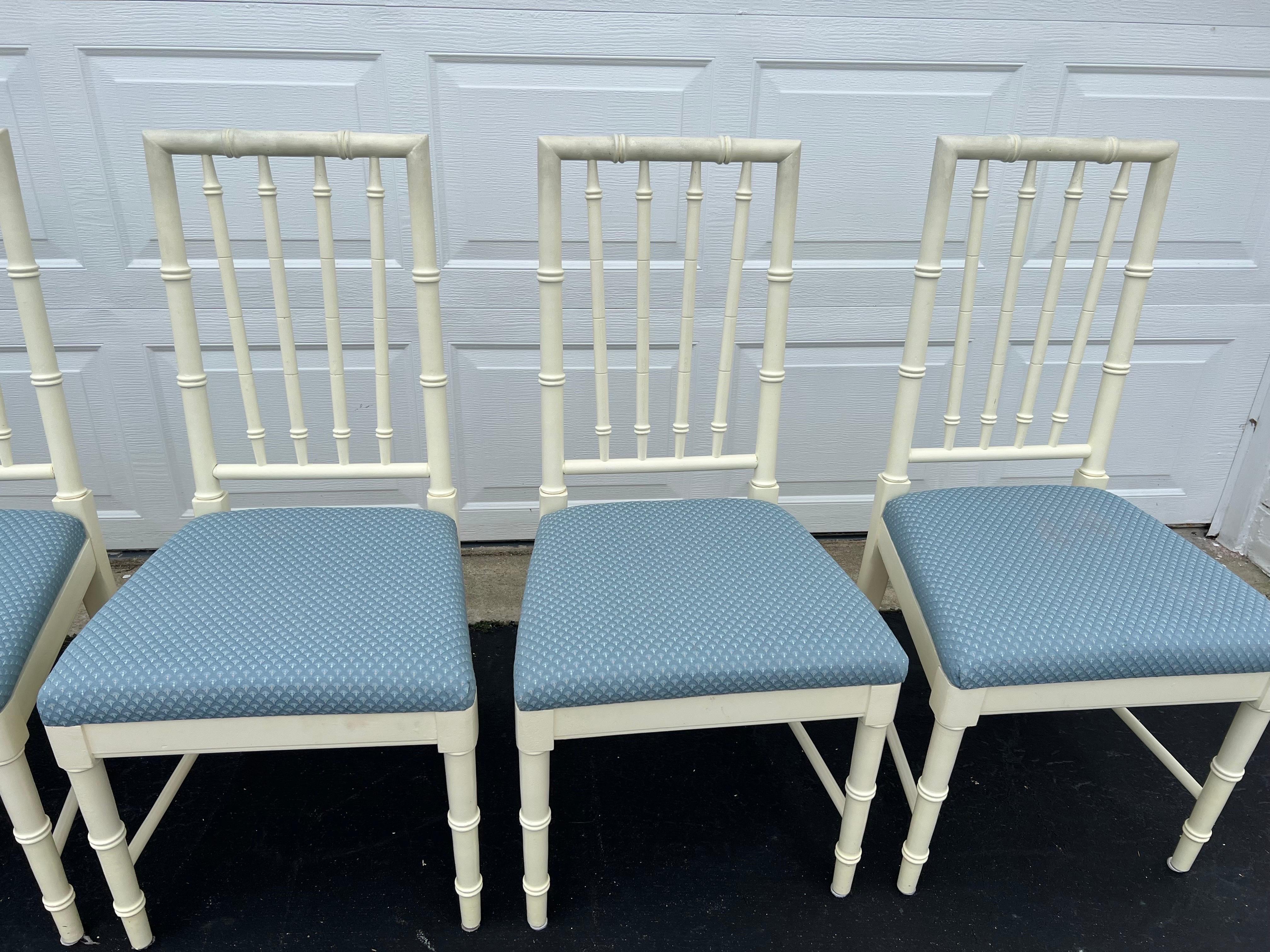 Set of Six Thomasville Faux Bamboo Dining Chairs
Lovely matching set (Table also available) signed Thomasville. Perfect coastal set with  Faux Bamboo Chinoserie style. Seats are covered in a light blue sturday upholstery. But easy to recover if