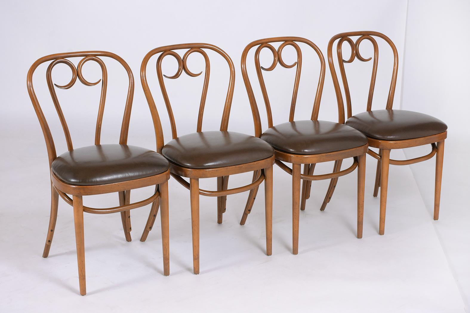 Art Nouveau Art-Deco Thonet Bentwood Leather Dining Chairs with Walnut Finish - Set of Six For Sale