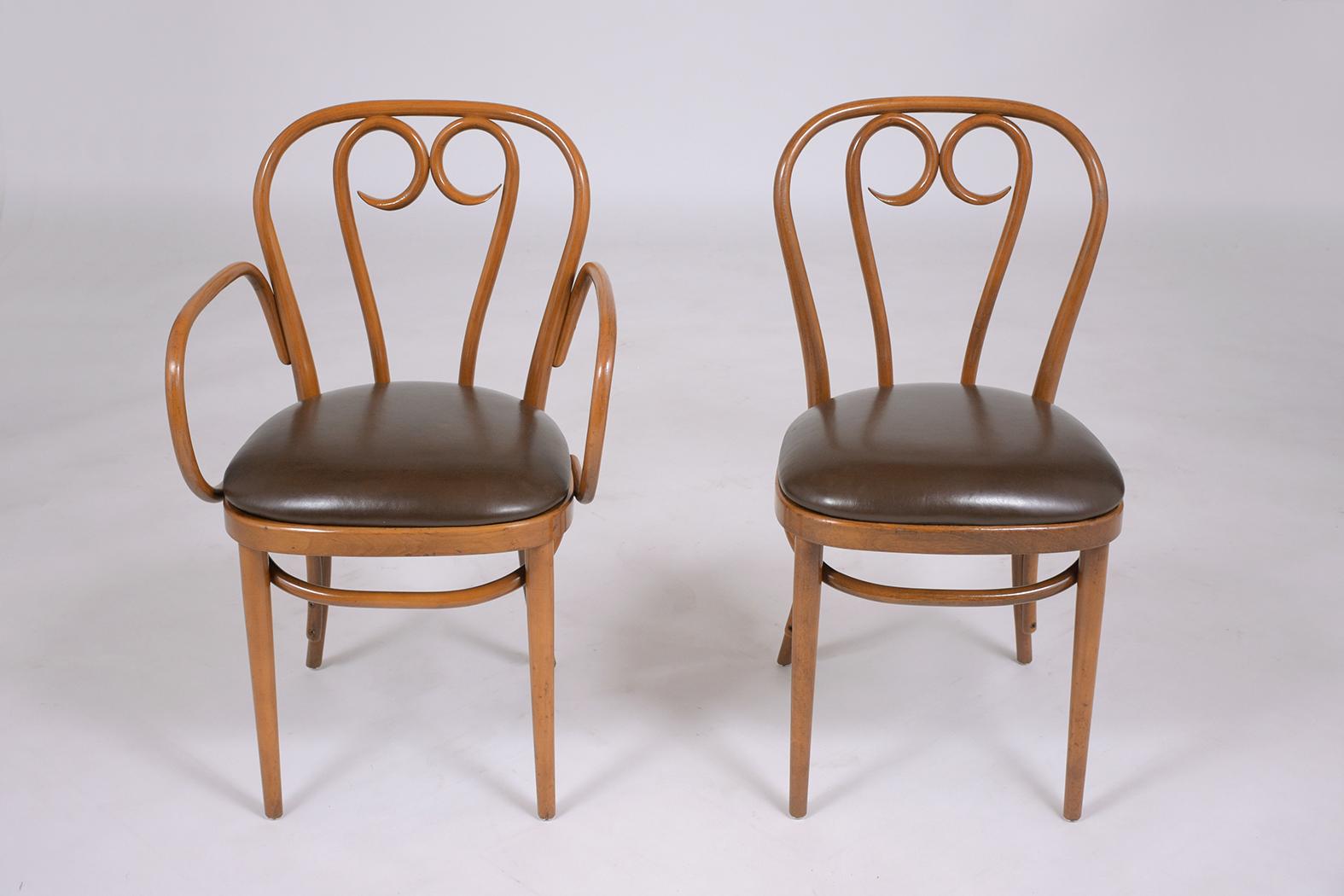 Carved Art-Deco Thonet Bentwood Leather Dining Chairs with Walnut Finish - Set of Six For Sale
