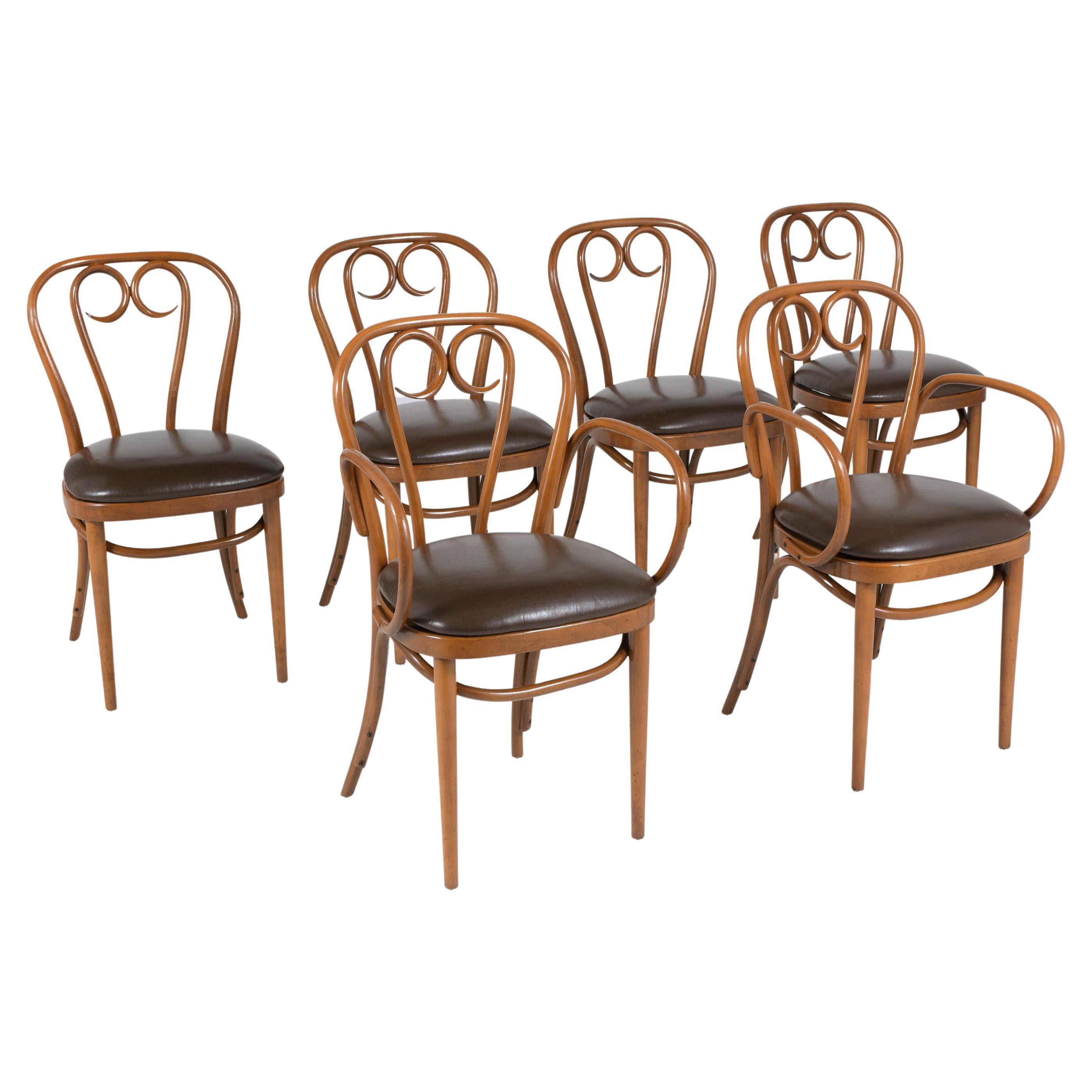 Art-Deco Thonet Bentwood Leather Dining Chairs with Walnut Finish - Set of Six