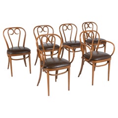 Vintage Art-Deco Thonet Bentwood Leather Dining Chairs with Walnut Finish - Set of Six