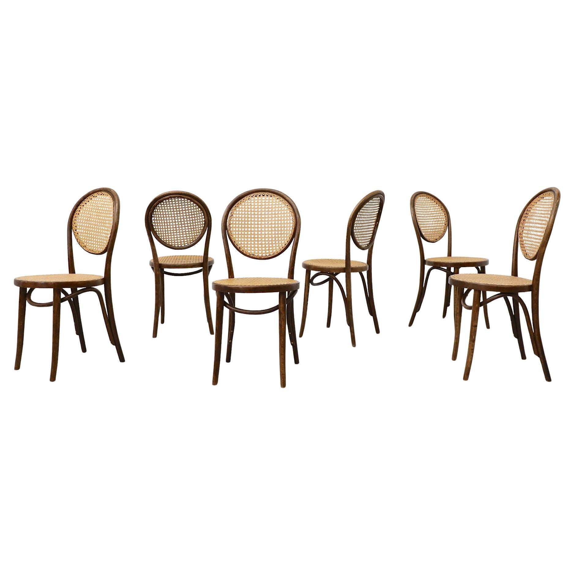 Set of Six Thonet High Back Bentwood Bistro Chairs with Cane, Early 20th Century