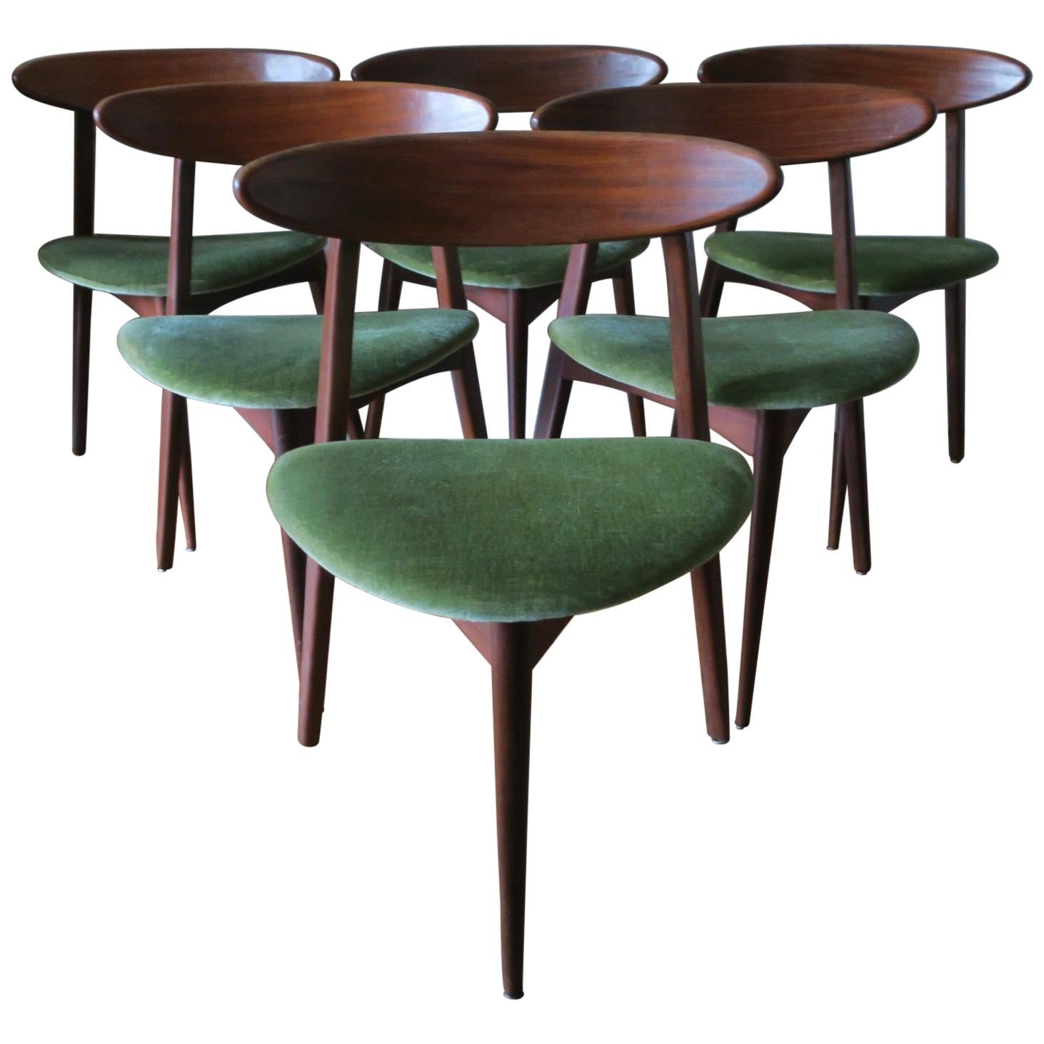 Set of Six Three-Legged Danish Teak Dining Chairs 1960s For Sale