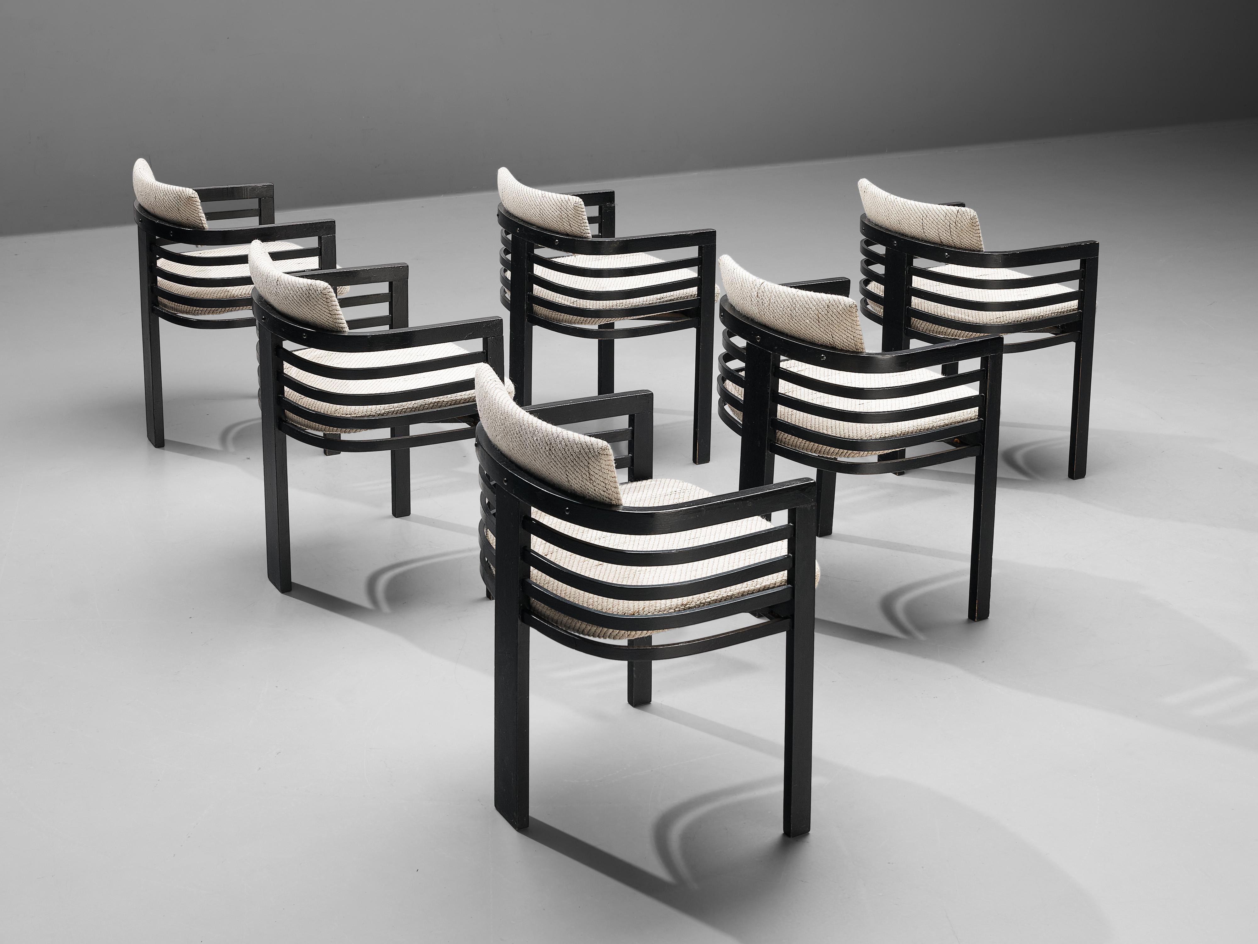 Set of six dining chairs, wood, fabric, Italy, 1960s 

Very nice set of geometrical dining chairs. These chairs have a characteristic design that is simple, but very strong in lines and proportions. Thanks to the wonderful dynamic frame, the
