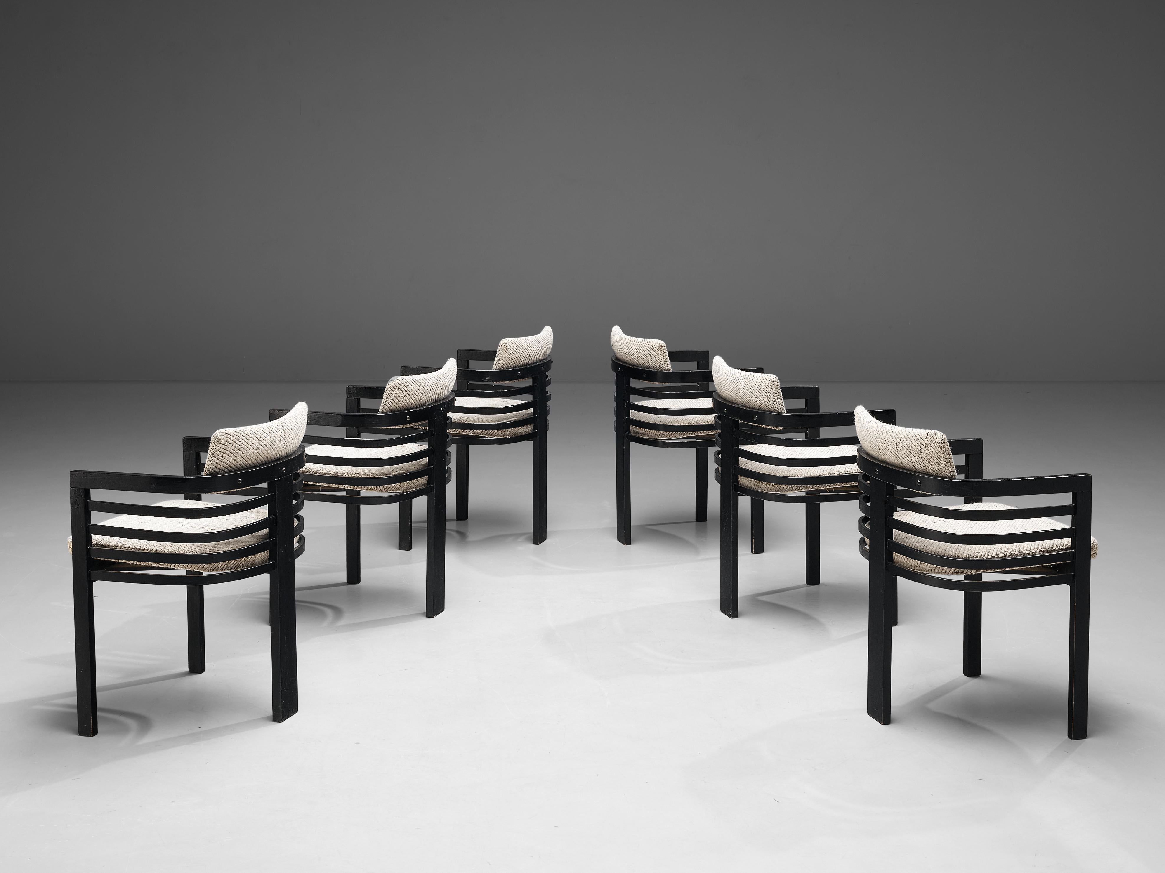 Mid-Century Modern Set of Six Three-Legged Italian Dining Chairs with Fabric Upholstery