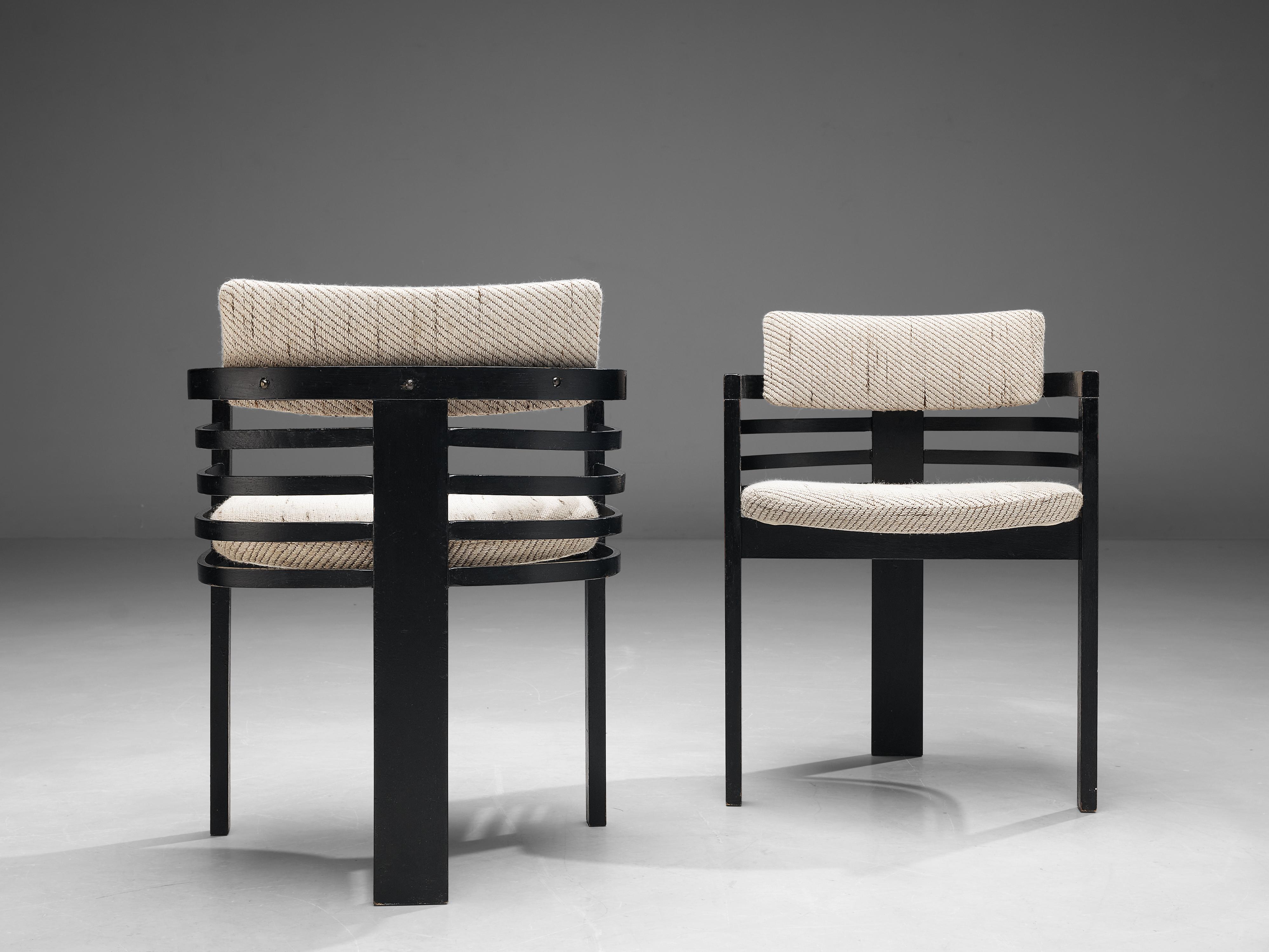 Wood Set of Six Three-Legged Italian Dining Chairs with Fabric Upholstery