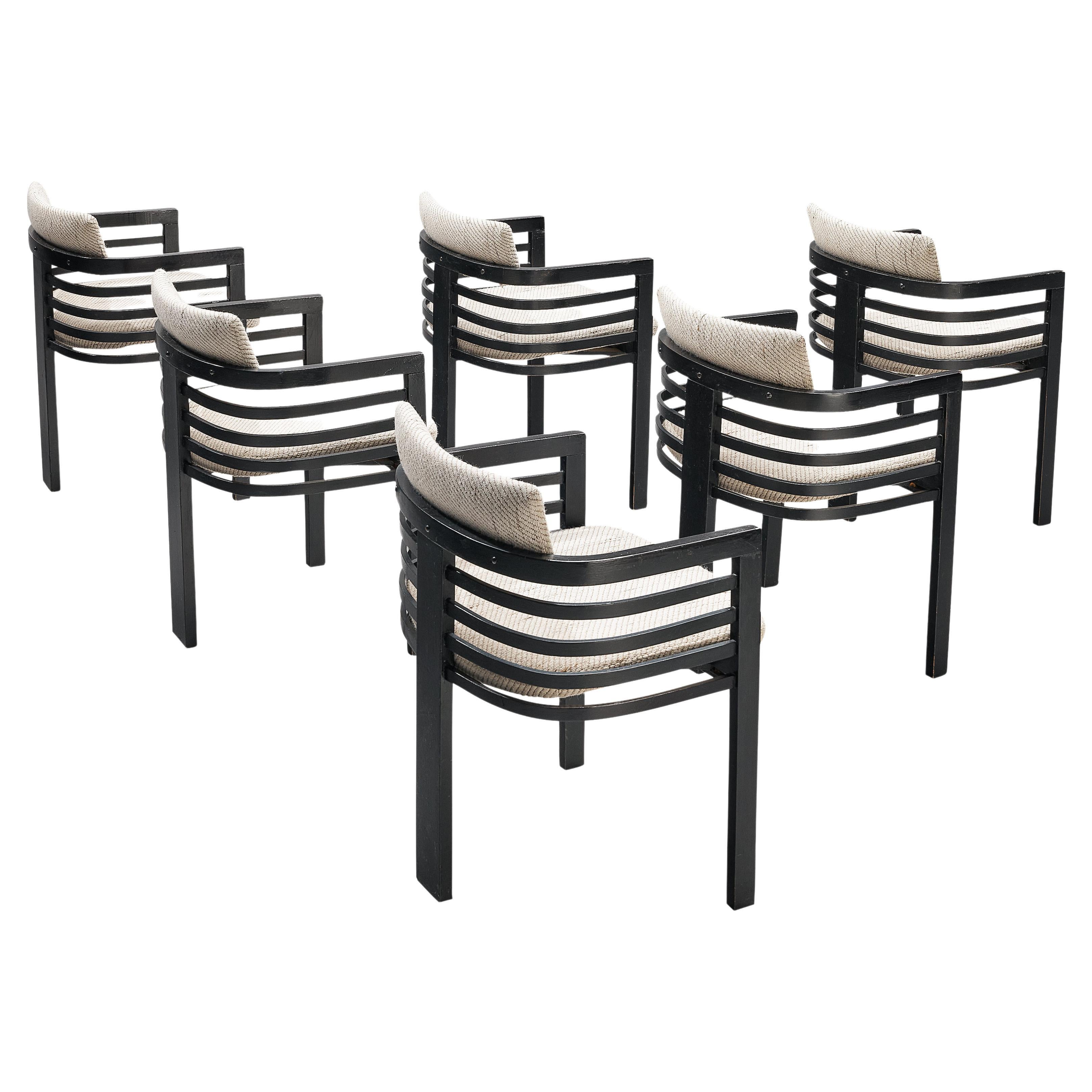 Set of Six Three-Legged Italian Dining Chairs with Fabric Upholstery