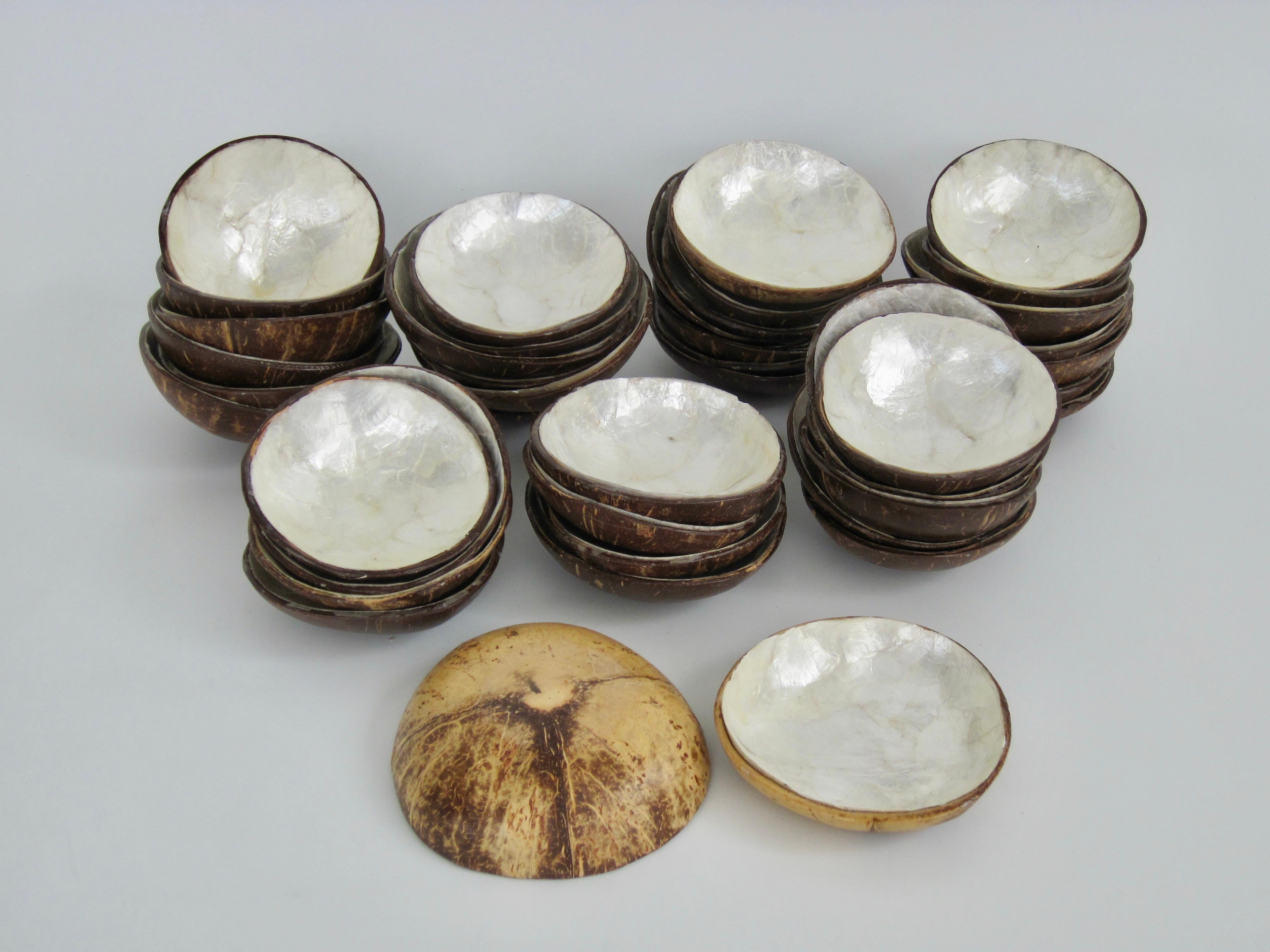 This listing is for six Tiki coconut and capiz shell petite bowls.  Handmade in the 1970s, each coconut shell has been lined with capiz shell, a thin almost translucent shell found in the Indo-Pacific. It is also known as the windowpane oyster and