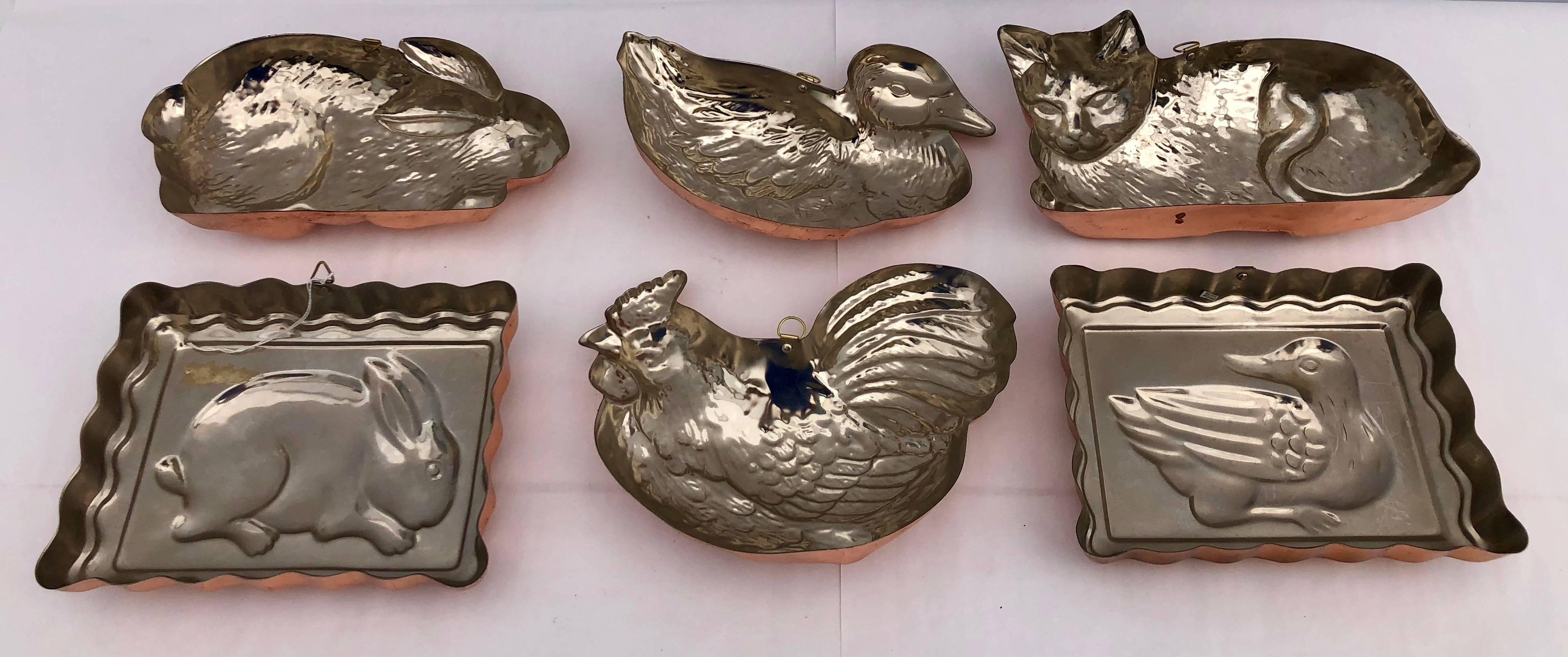 Embossed Set of Six Tin Molds with Copper in the Shape of Rabbits, Cat, Ducks and Chicken