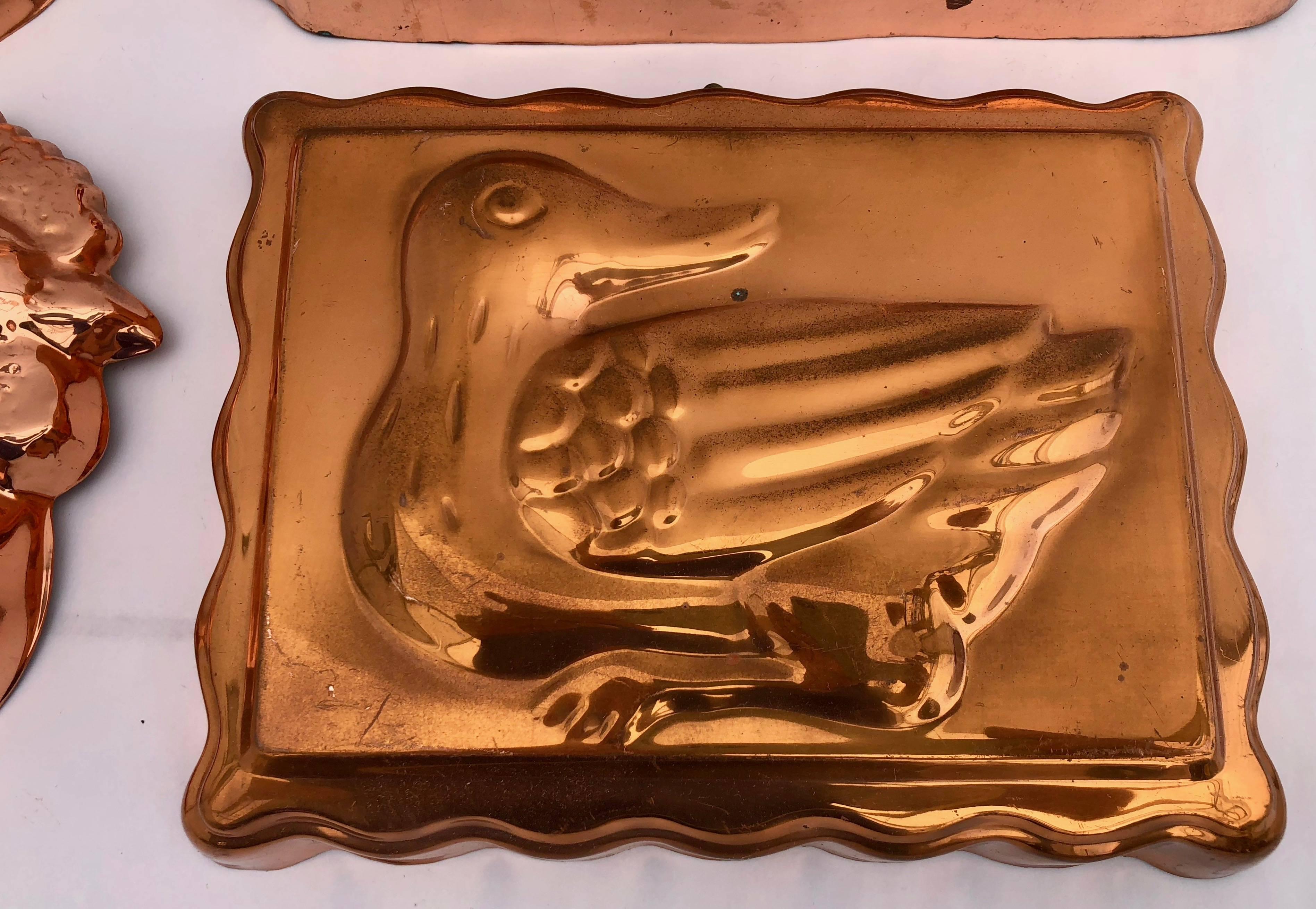 20th Century Set of Six Tin Molds with Copper in the Shape of Rabbits, Cat, Ducks and Chicken