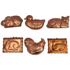 Retro Set of Six Tin Molds with Copper in the Shape of Rabbits, Cat, Ducks and Chicken