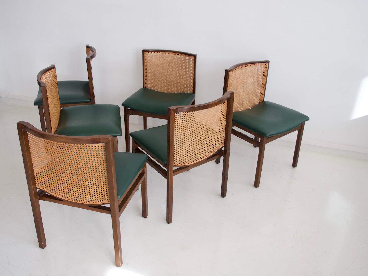 Set of Six Tito Agnoli Chairs with Green Leather Seat and Cane Back 5
