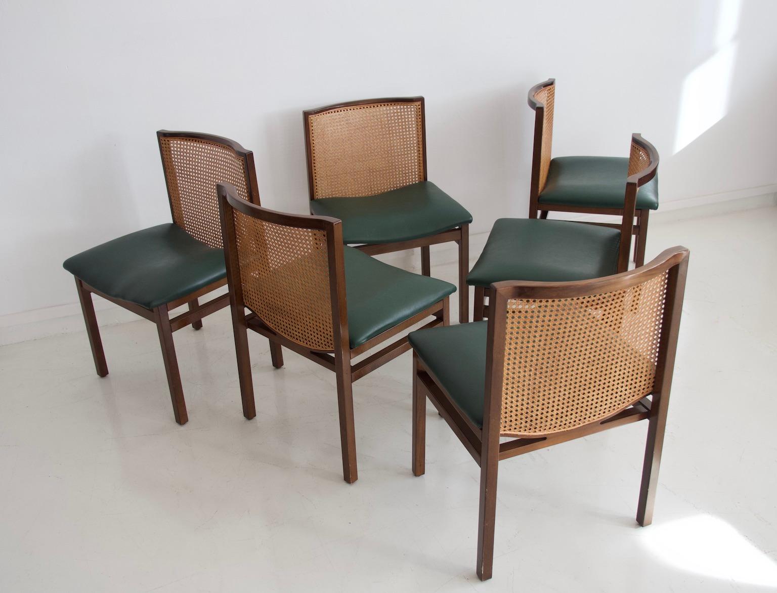 Set of Six Tito Agnoli Chairs with Green Leather Seat and Cane Back 6