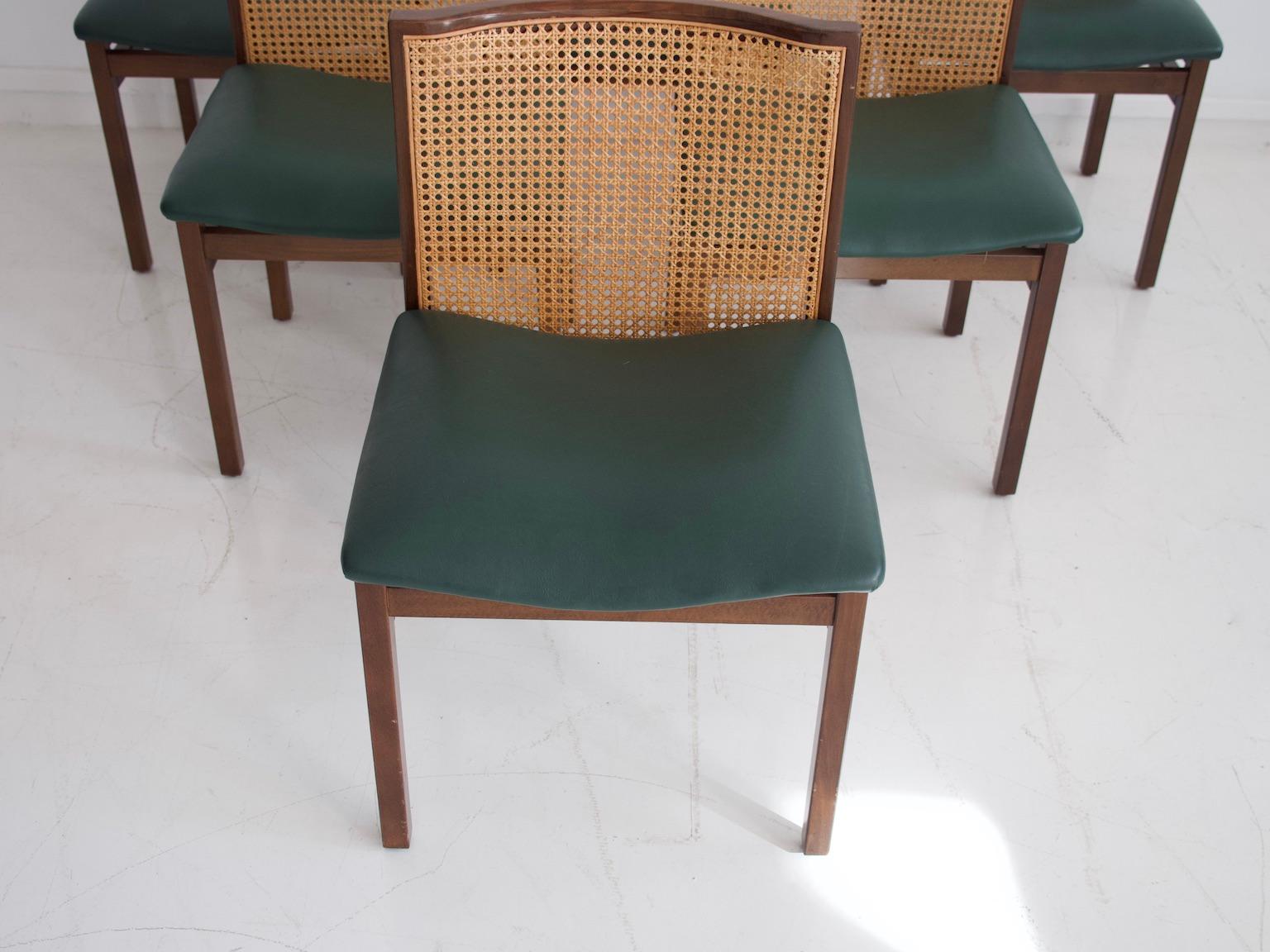 Mid-Century Modern Set of Six Tito Agnoli Chairs with Green Leather Seat and Cane Back