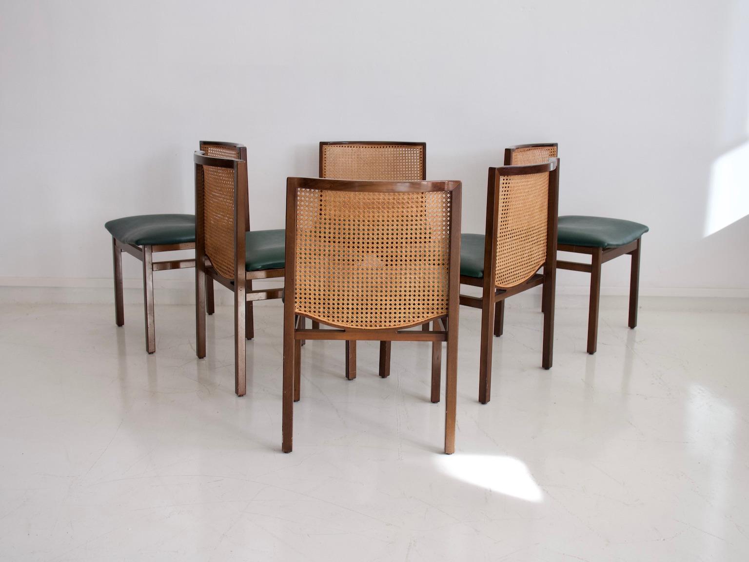 Set of Six Tito Agnoli Chairs with Green Leather Seat and Cane Back 1