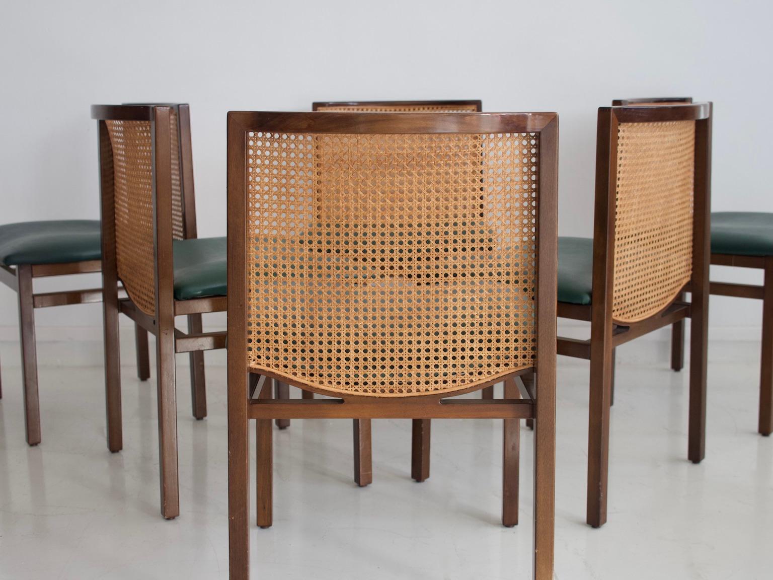 Set of Six Tito Agnoli Chairs with Green Leather Seat and Cane Back 2