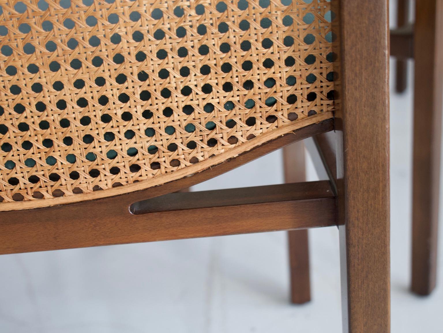 Set of Six Tito Agnoli Chairs with Green Leather Seat and Cane Back 3