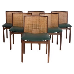 Set of Six Tito Agnoli Chairs with Green Leather Seat and Cane Back