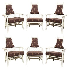 Retro Set of Six White Lacquer Bamboo Dining Chairs 1950s