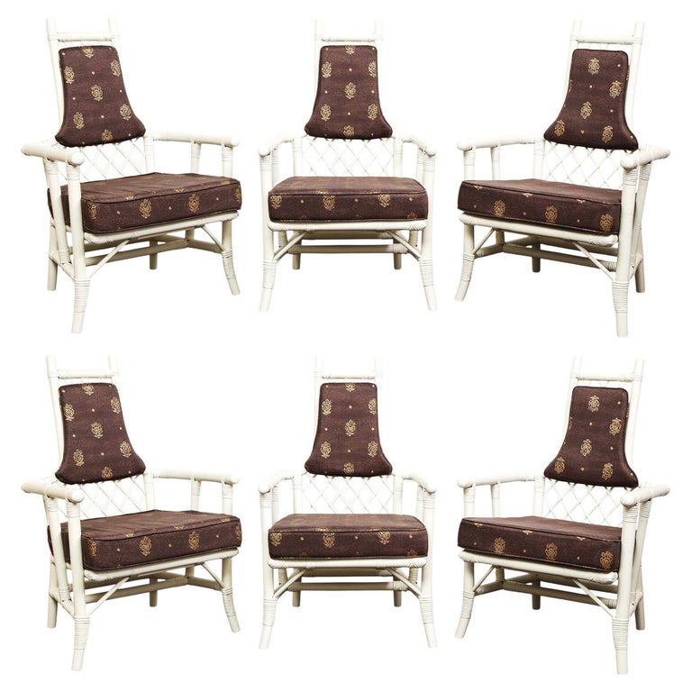 Set of Six White Lacquer Bamboo Dining Chairs 1950s For Sale