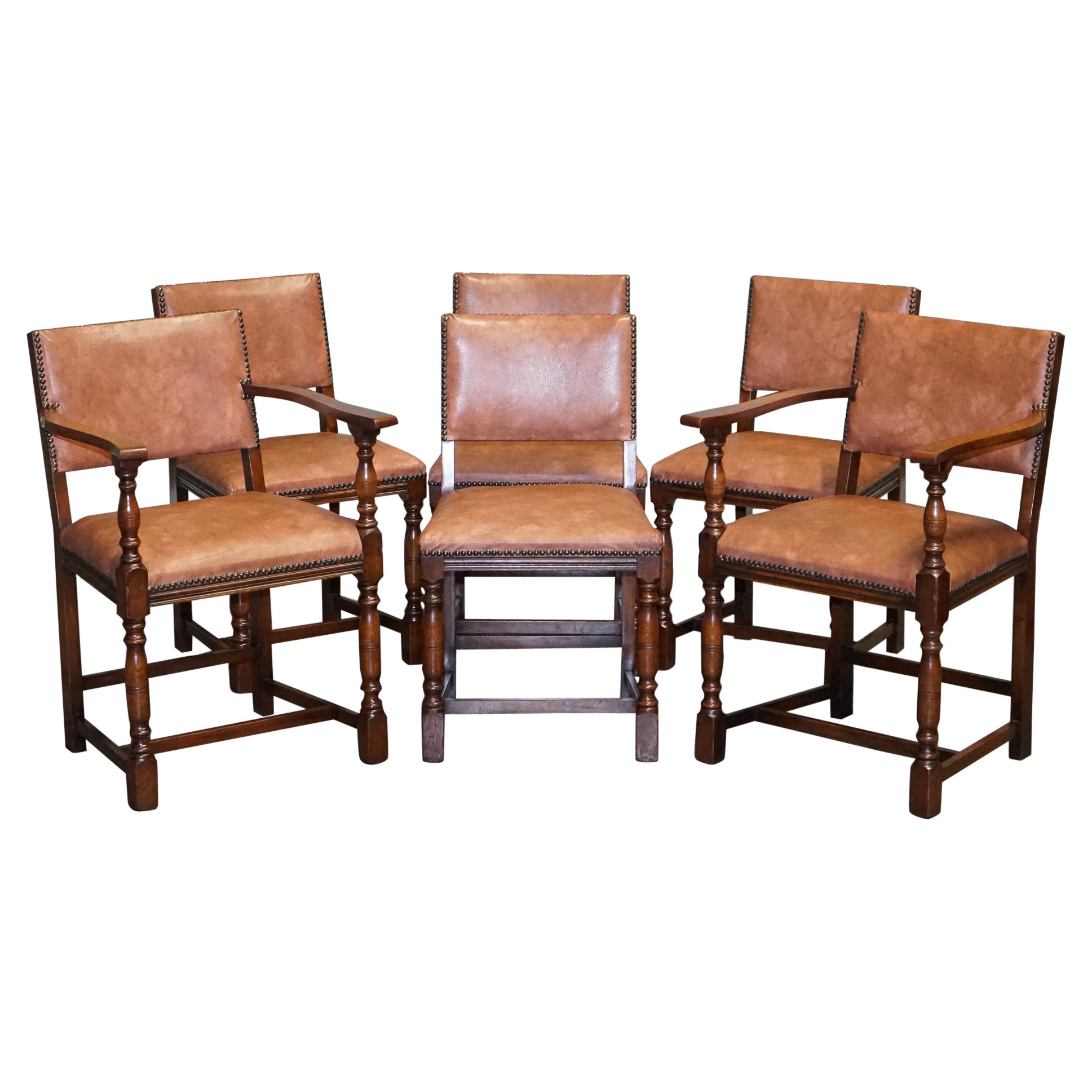 Set of Six Traditional Country House Brown Leather Oak Dining Chairs