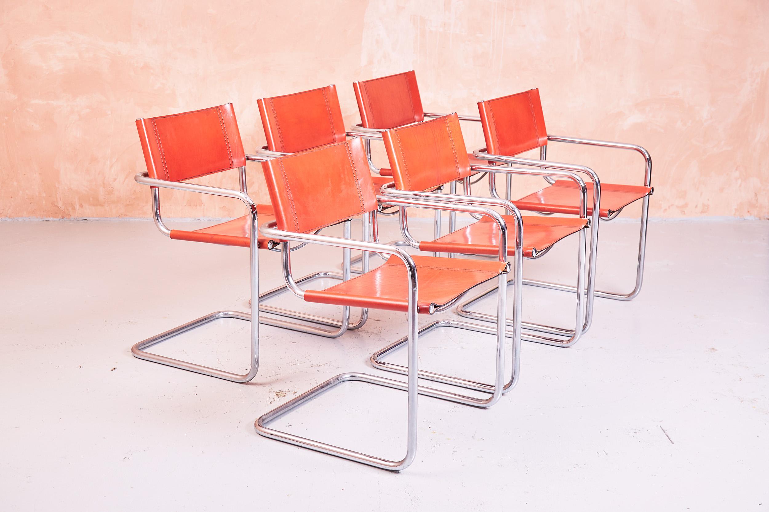 Mid-Century Modern Set of Six Tubular Chrome and Cognac Leather Cantilever Chairs MG5 / S34 Style