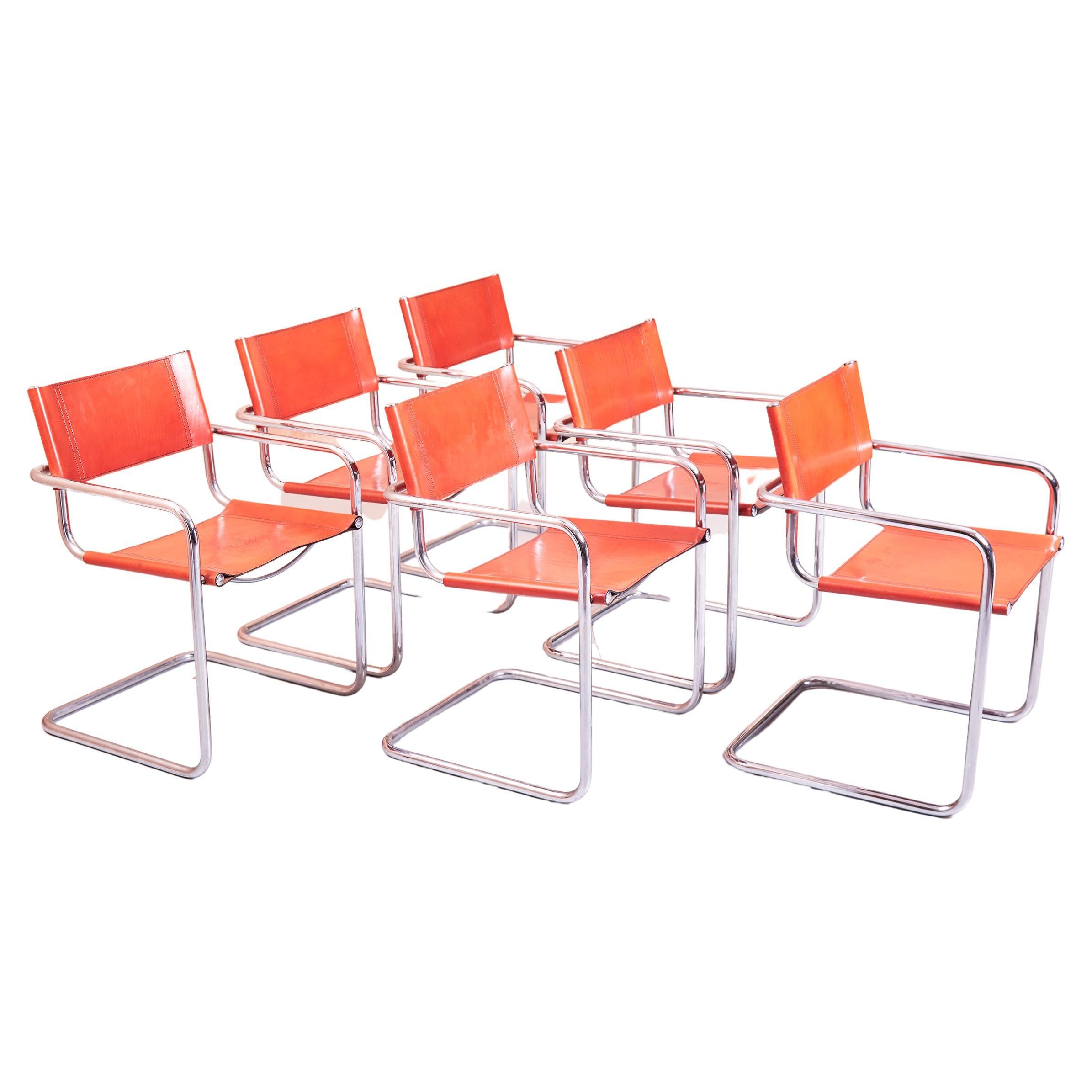 Set of Six Tubular Chrome and Cognac Leather Cantilever Chairs MG5 / S34 Style