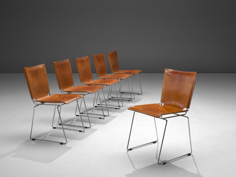 Mid-Century Modern Set of Six Tubular Dining Chairs with Patinated Cognac Leather