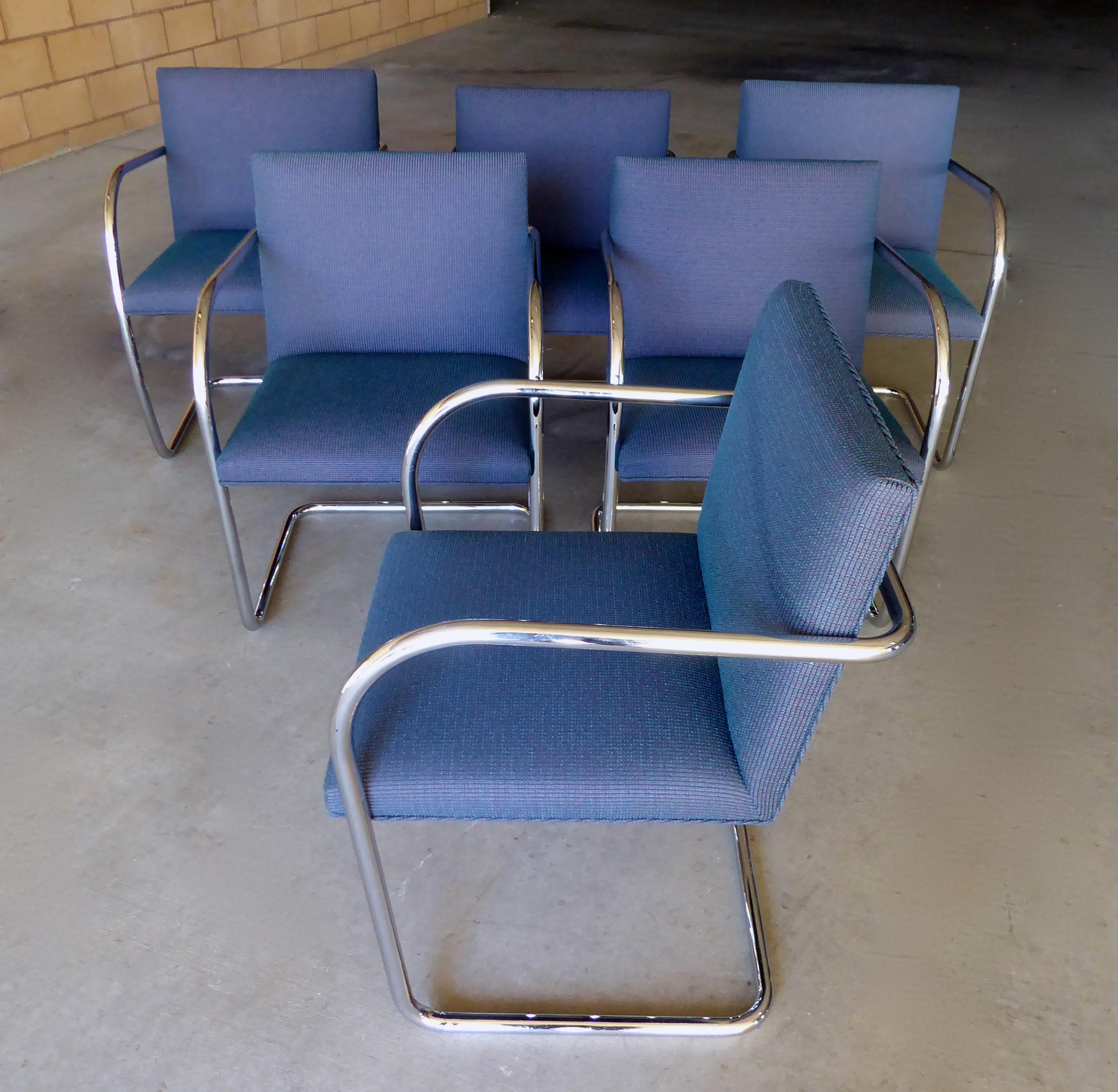 A set of six tubular polished steel framed Brno chairs, originally designed by Mies van der Rohe in 1930, this is a 21st century set produced by Knoll Studio. Each chair has the signature etched under one arm. The chairs are upholstered in a Knoll