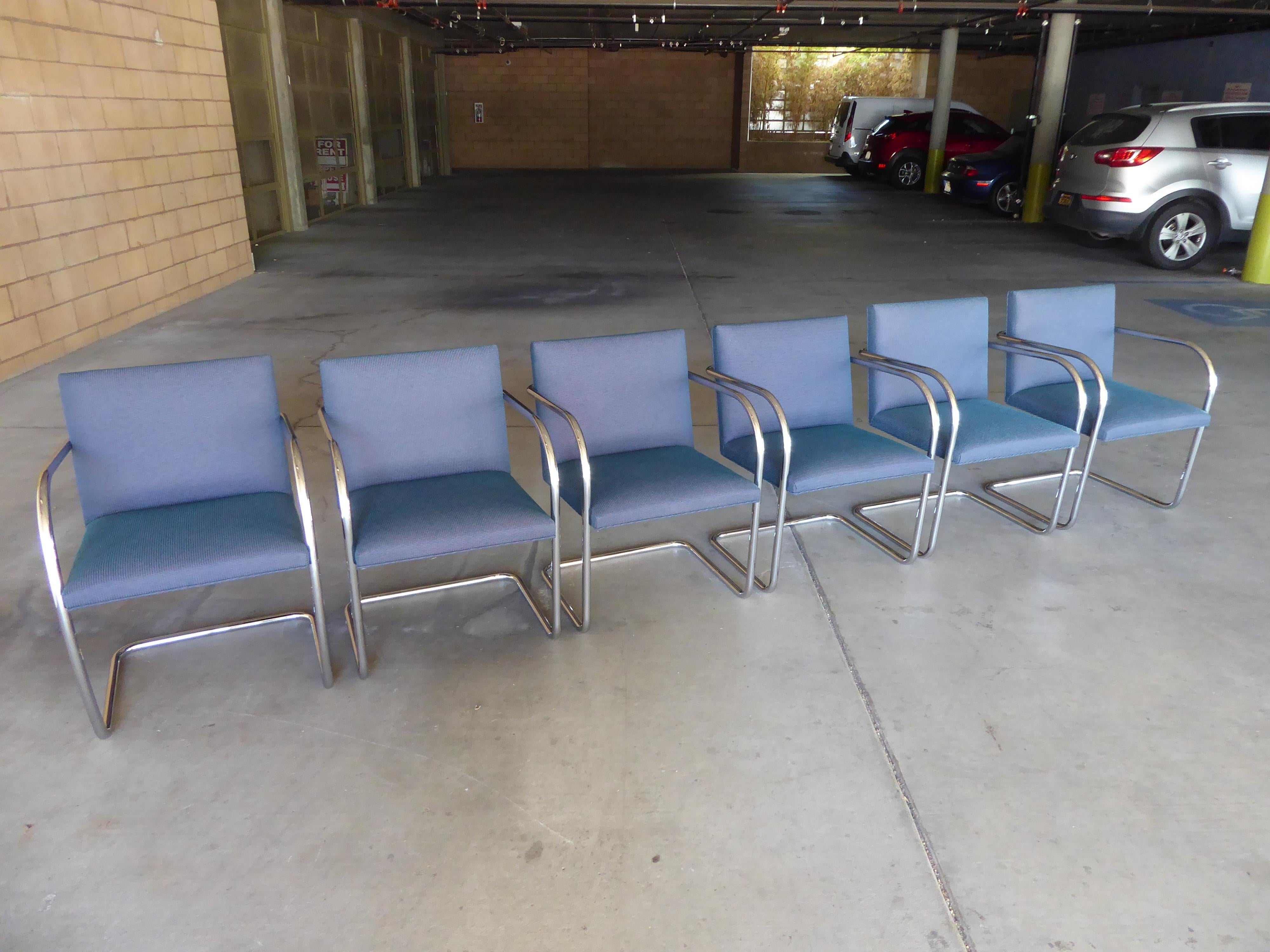 Mid-Century Modern Set of Six Tubular Polished Steel Framed Brno Chairs by Knoll Studio