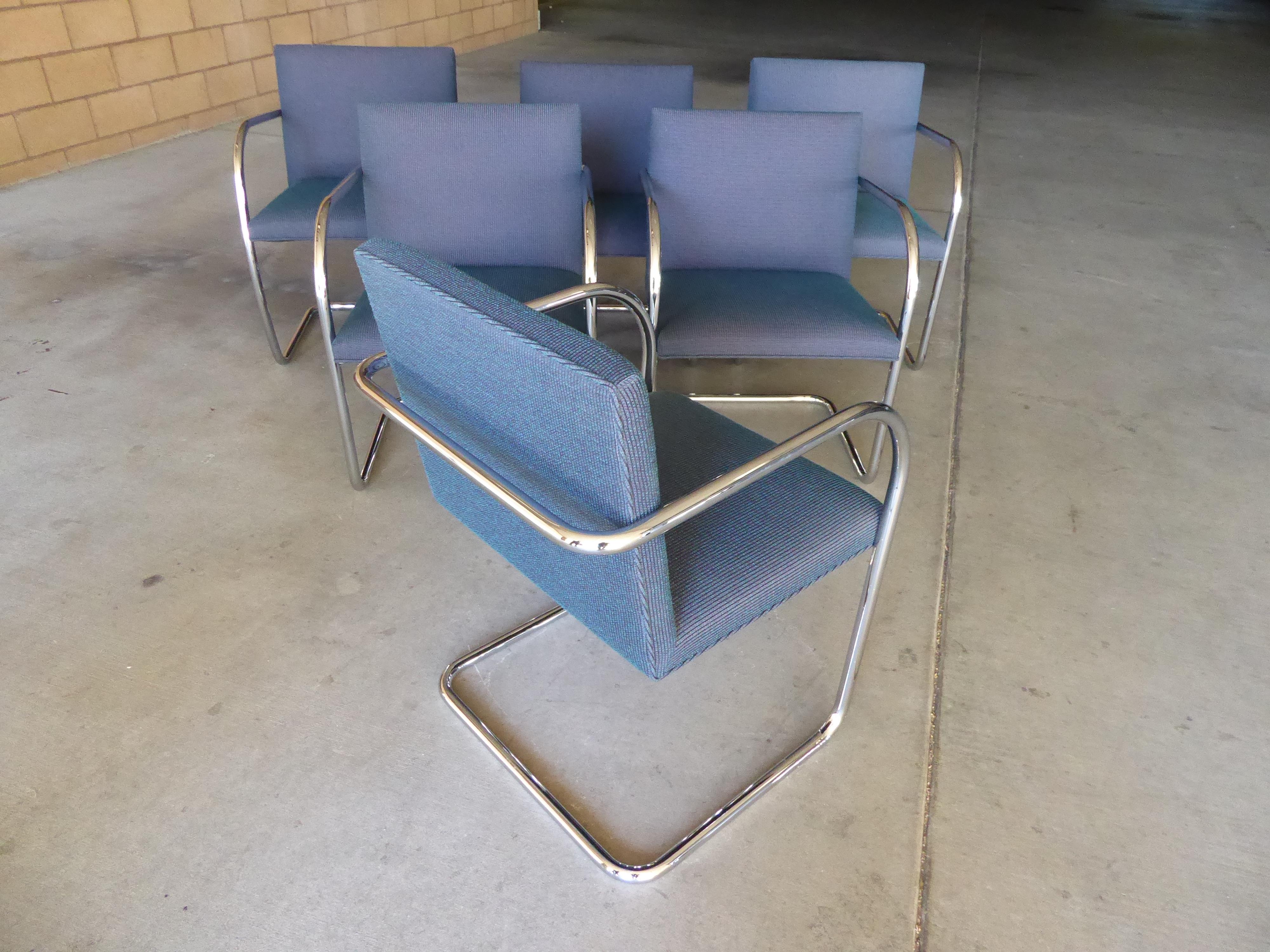 Fabric Set of Six Tubular Polished Steel Framed Brno Chairs by Knoll Studio