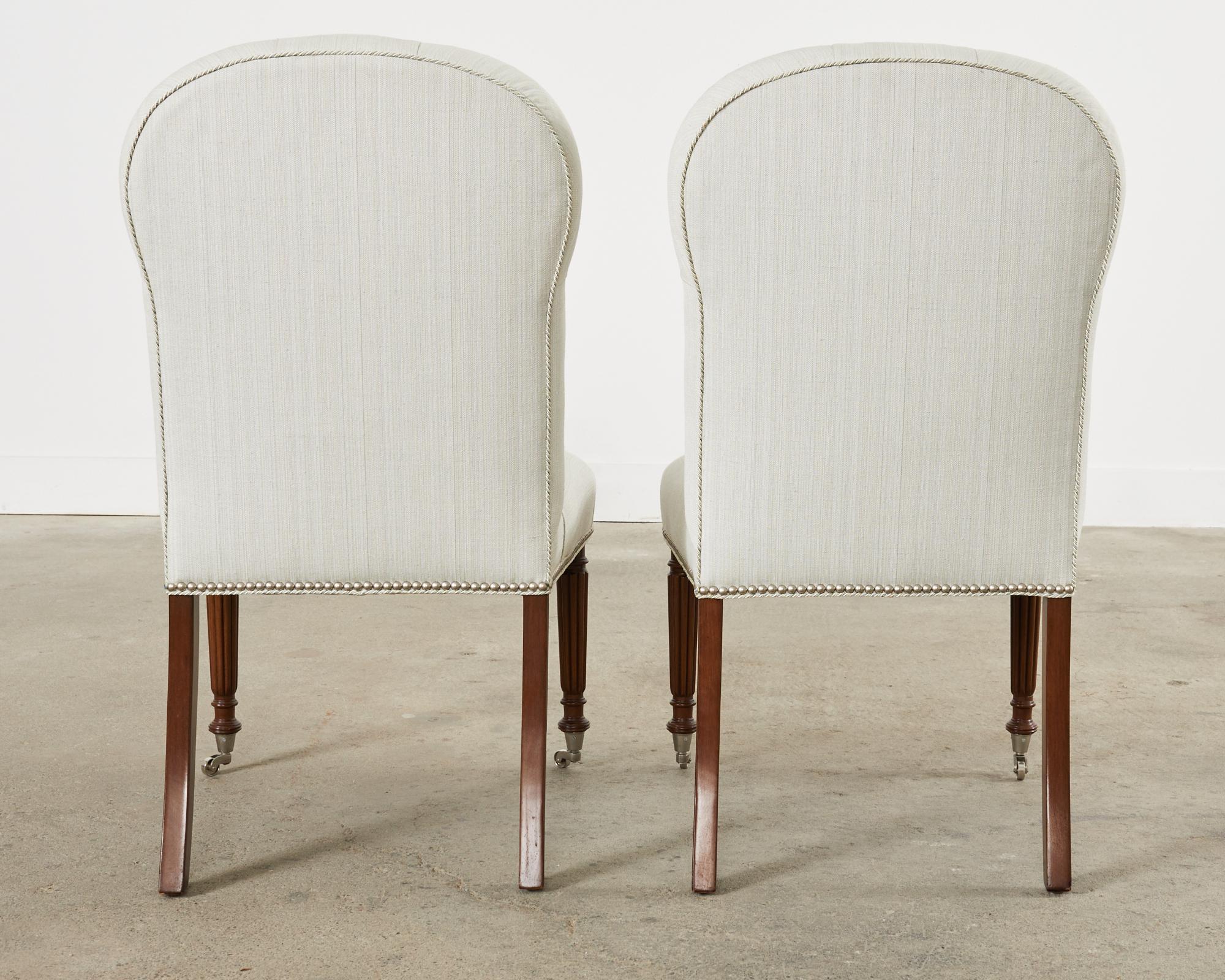 Set of Six Tufted Linen and Walnut Dining Chairs 10