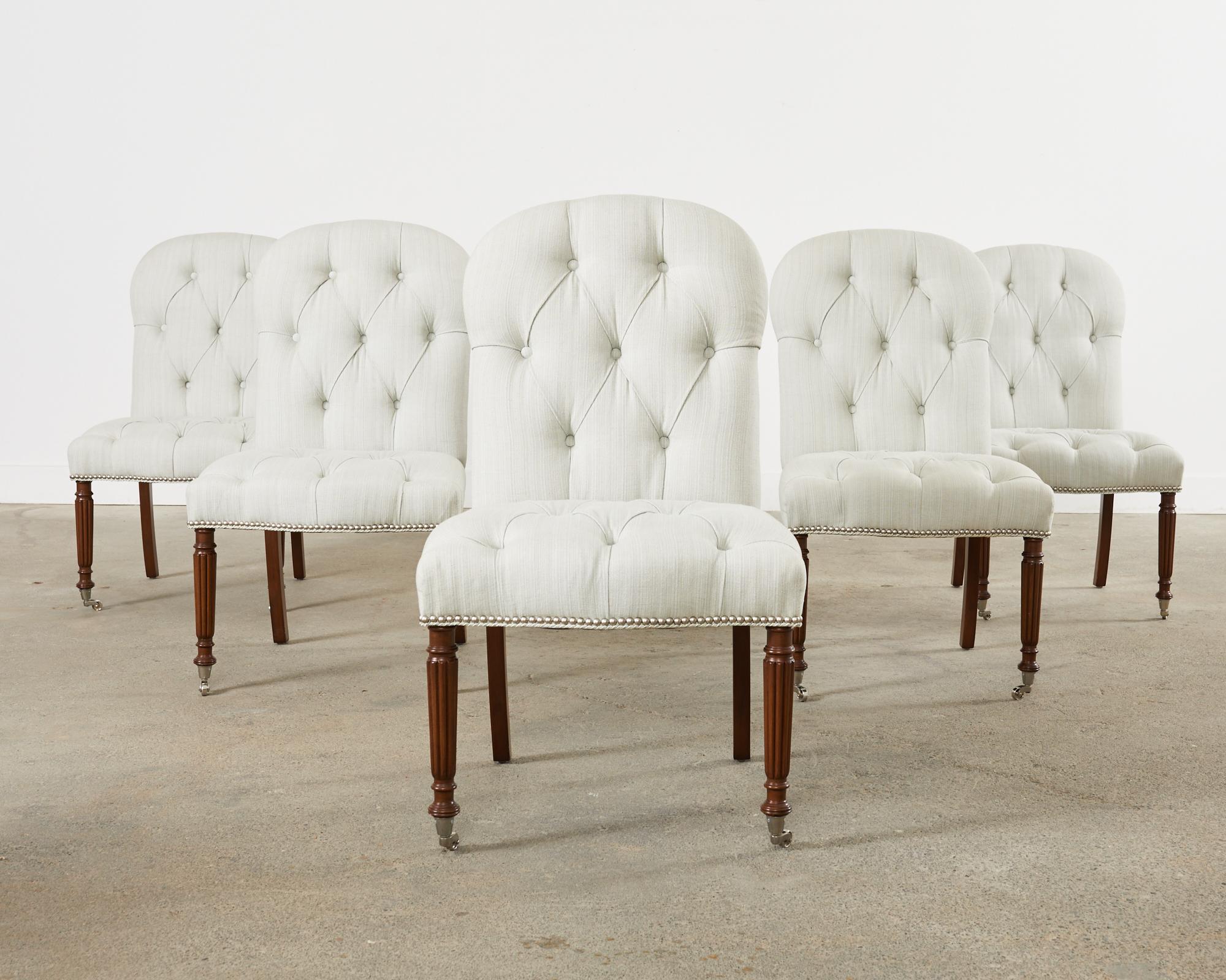 Regency Set of Six Tufted Linen and Walnut Dining Chairs
