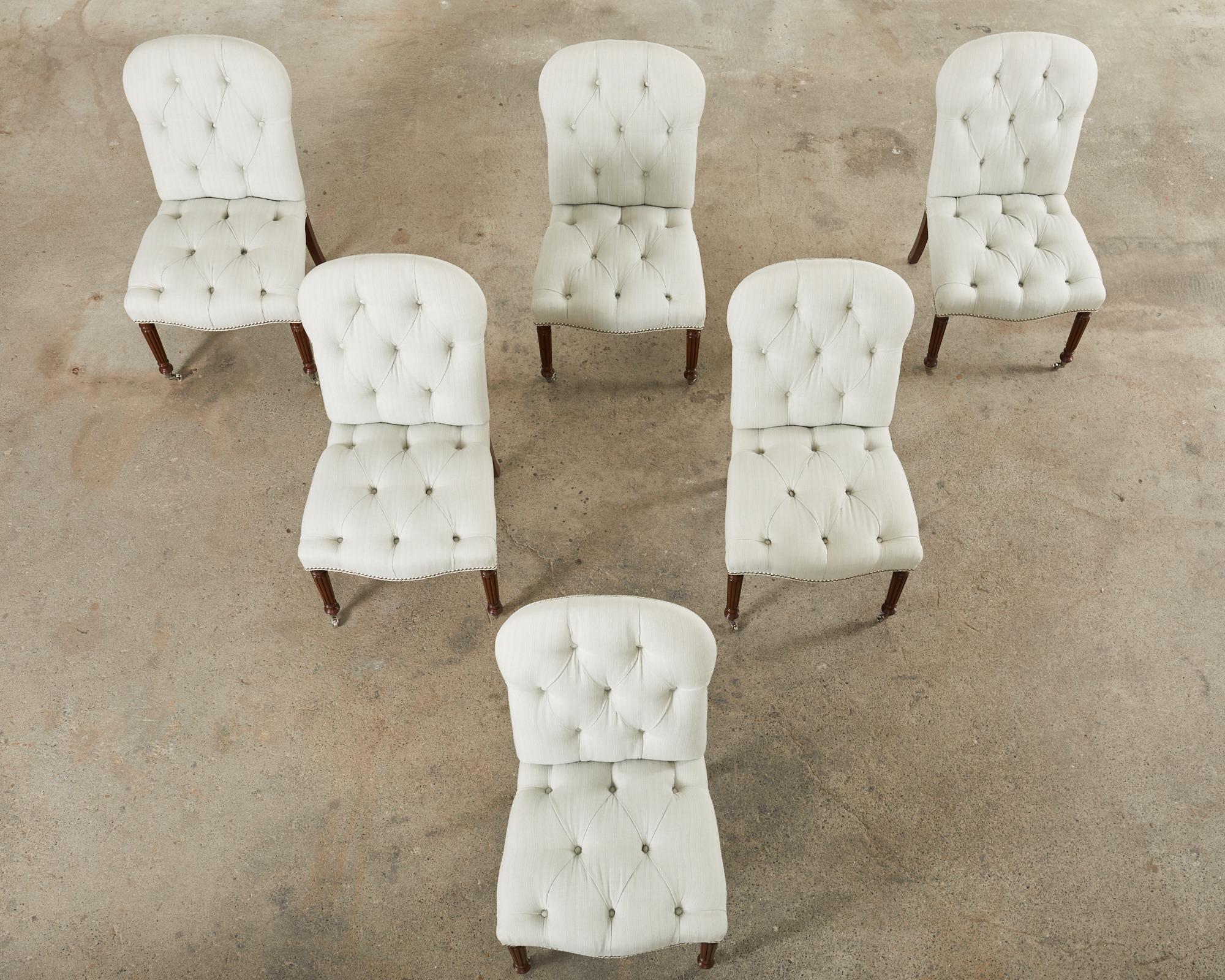 American Set of Six Tufted Linen and Walnut Dining Chairs