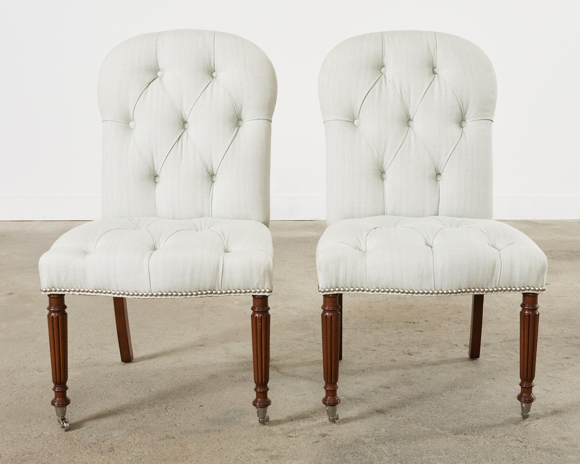 Hand-Crafted Set of Six Tufted Linen and Walnut Dining Chairs