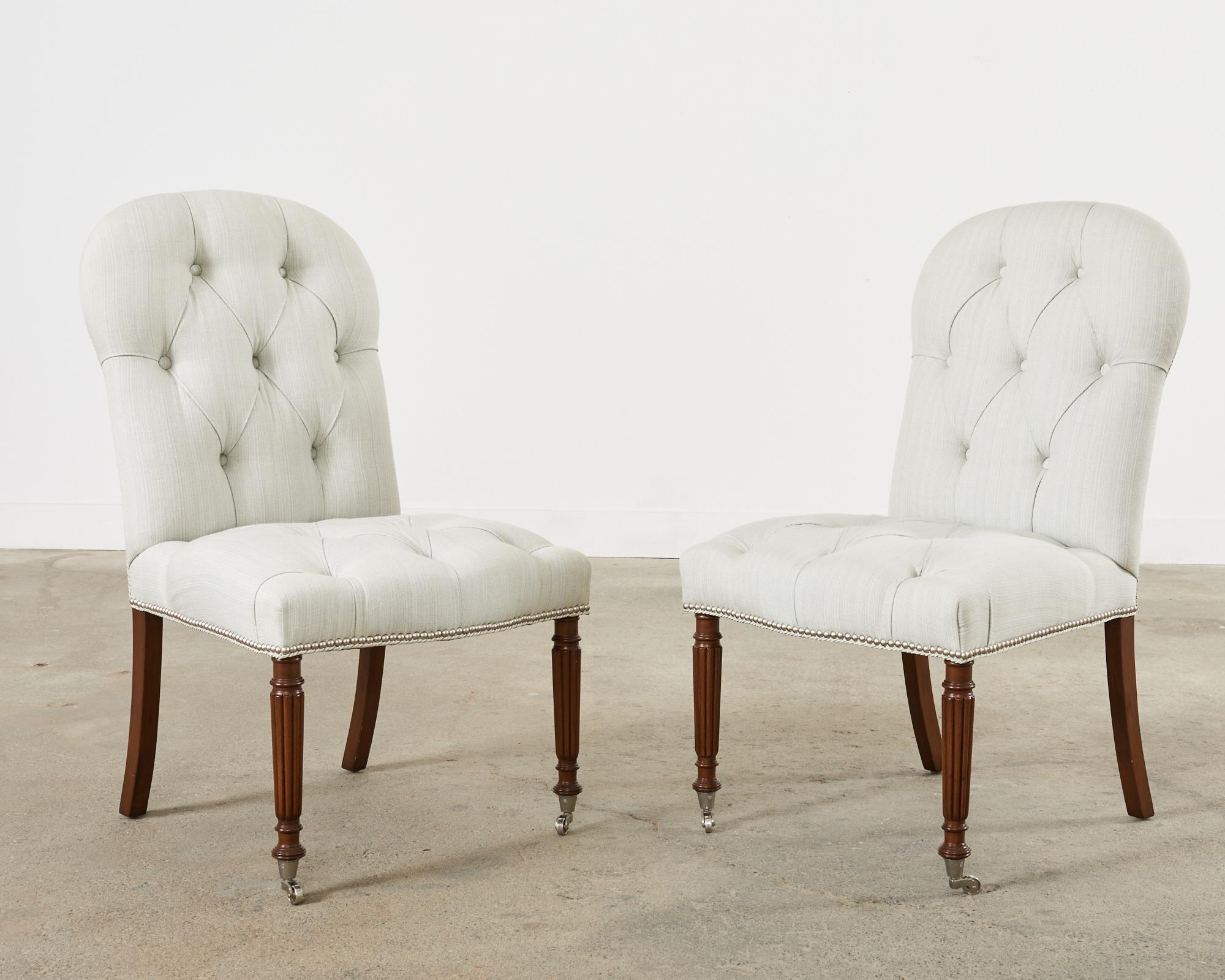 Contemporary Set of Six Tufted Linen and Walnut Dining Chairs