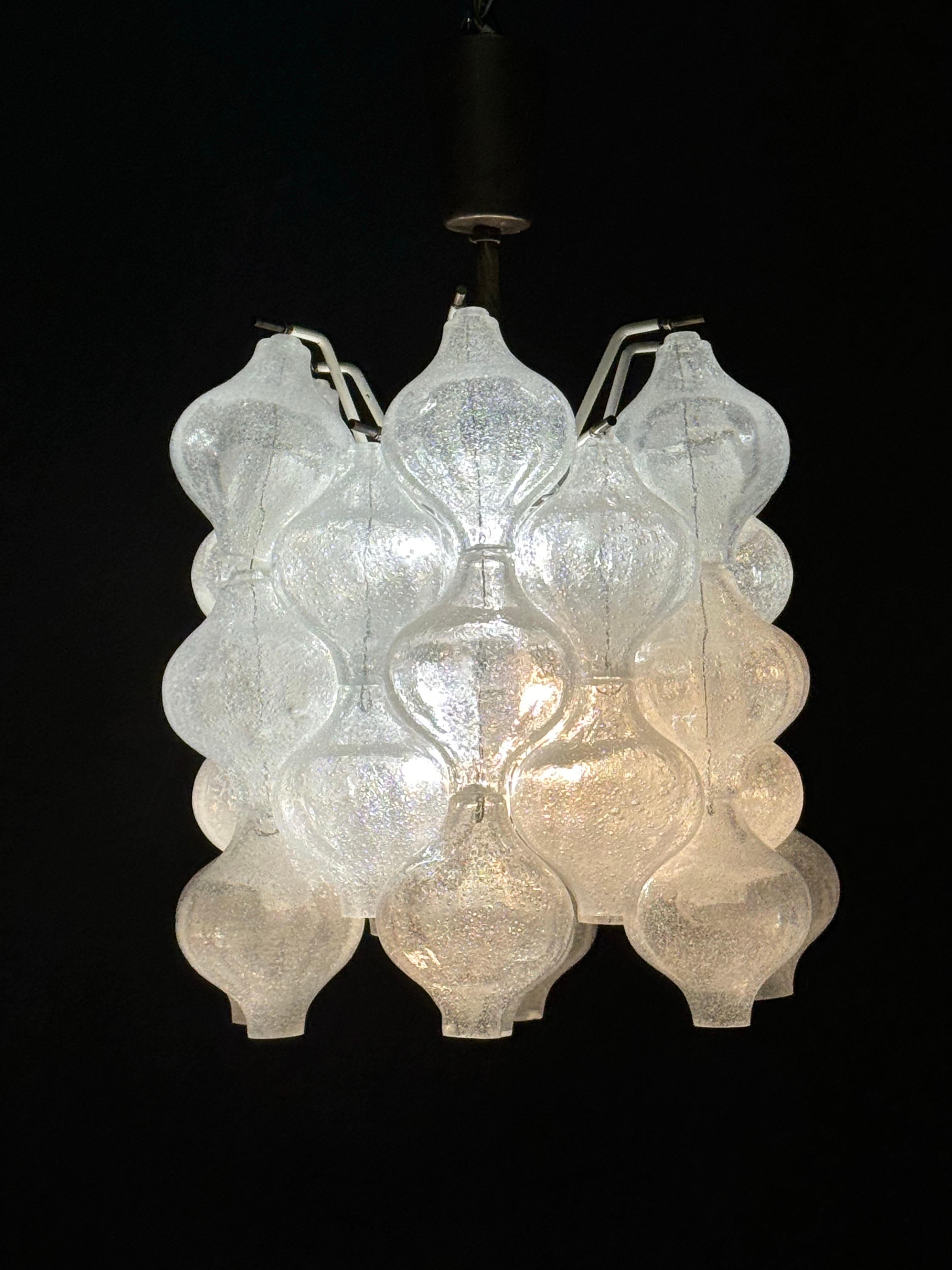 A stunning set of six  Mid-Century Modern 'Tulipan' chandeliers by J.T.Kalmar, Vienna, Austria, circa 1960s.
The chandeliers are made of white lacquered metal and brass frame with blow glass elements.
All glasses are in a very good vintage condition