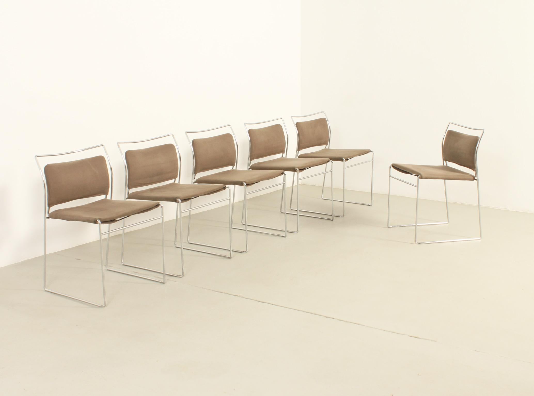Set of six Tulu chairs designed in 1967 by Japanese architect and designer Kazuhide Takahama for Simon International, Italy. They are the Spanish edition for MYC, signed. Steel rod structure and upholstered in original Alcantara fabric.