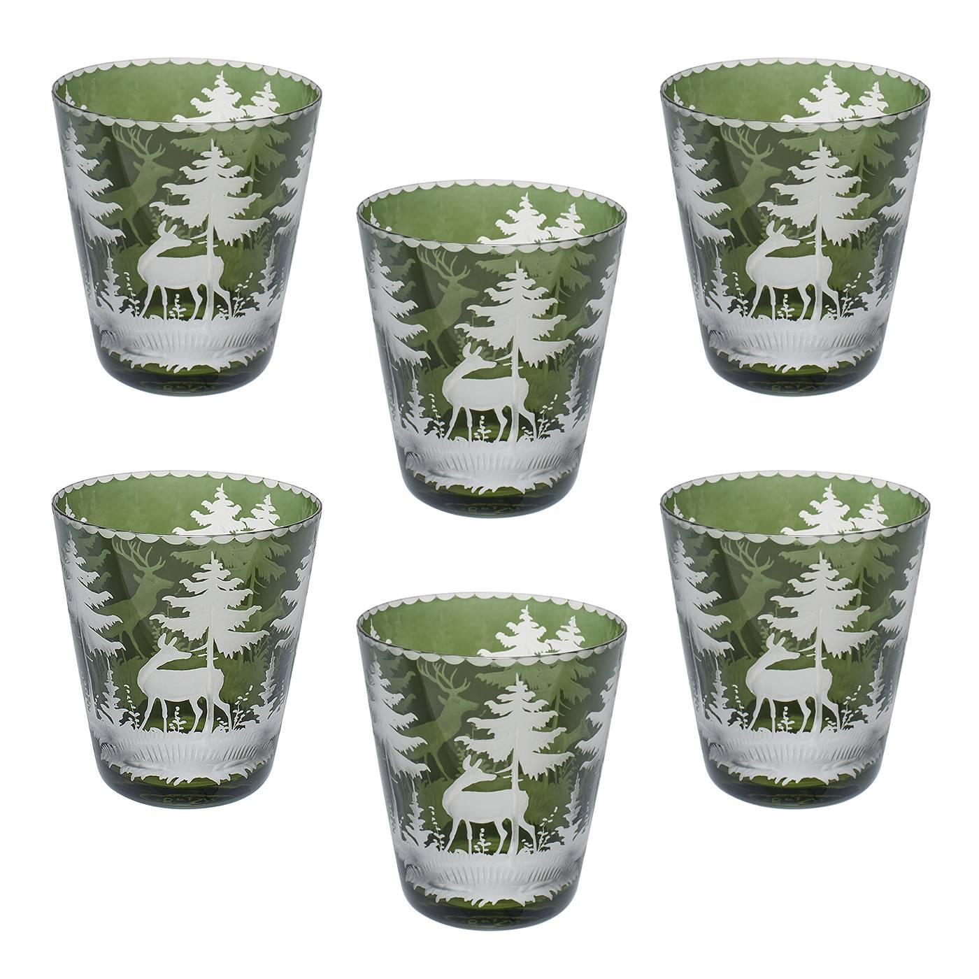 Set of Six Tumbler Green Crystal with Hunting Scene Sofina Boutique Kitzbuehel