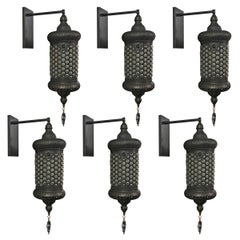 Set of Six Turkish Hand Blown Glass and Steel Lantern Sconces