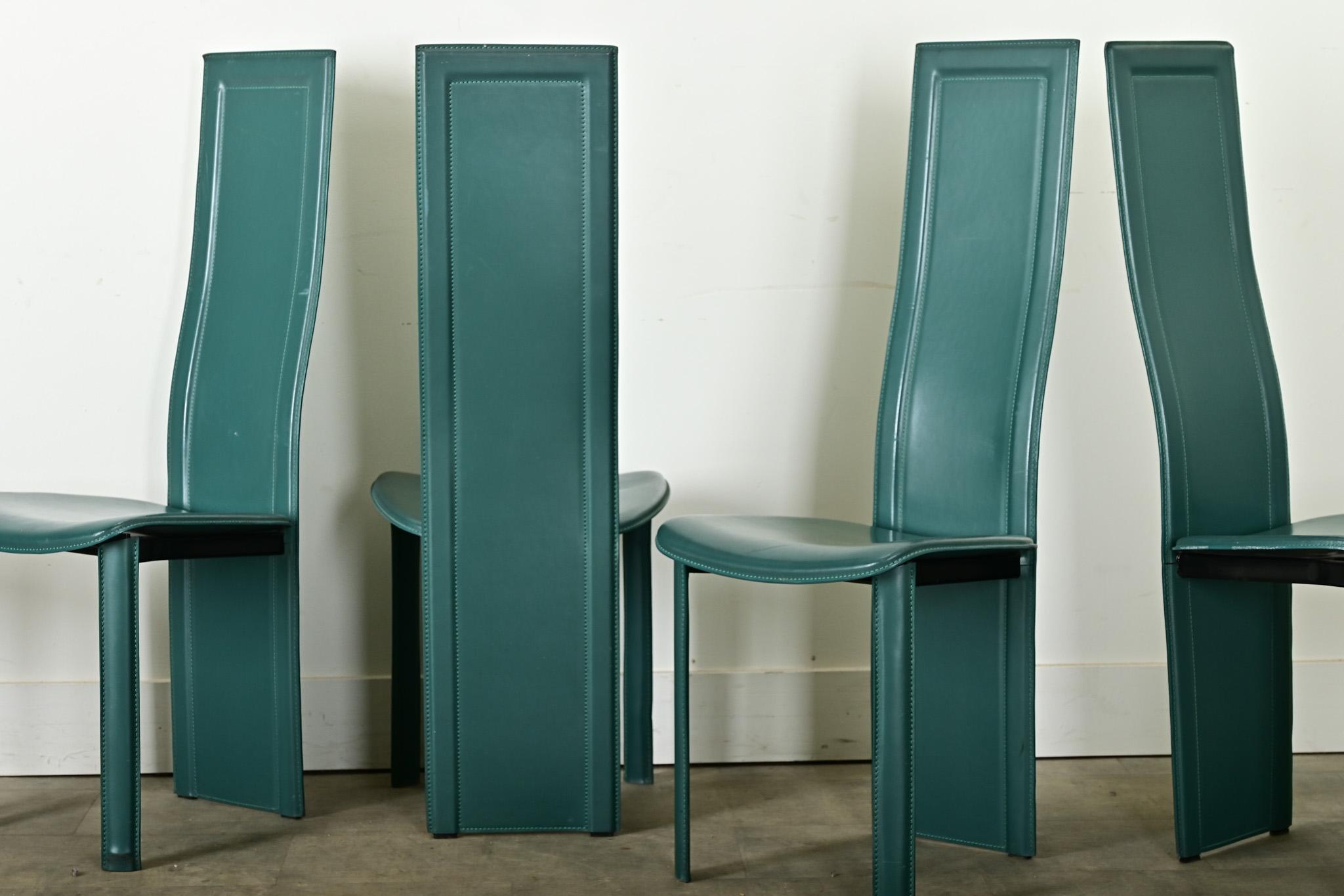 Set of Six Turquoise Leather Postmodern Dining Chairs For Sale 2