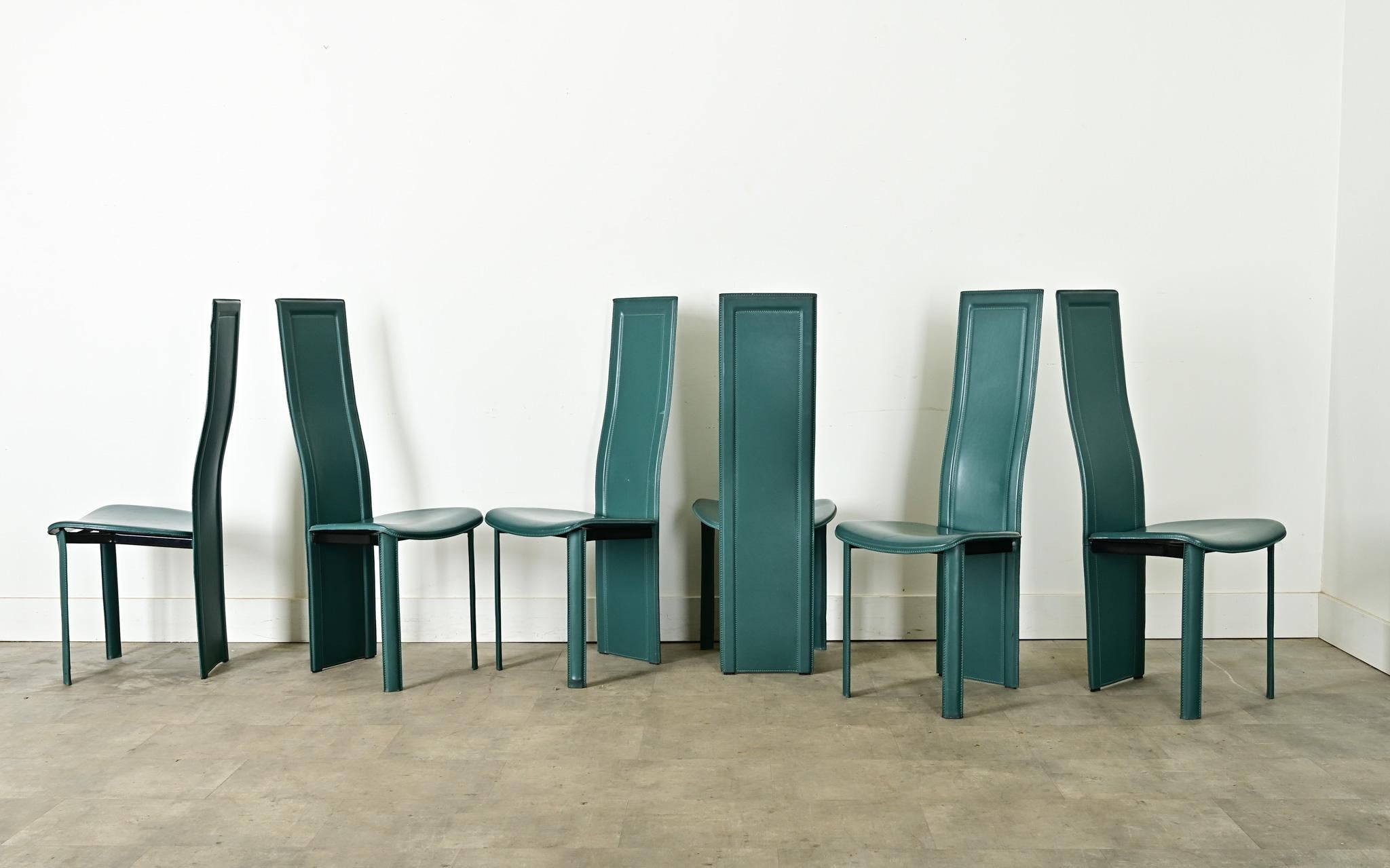 Set of Six Turquoise Leather Postmodern Dining Chairs For Sale 3
